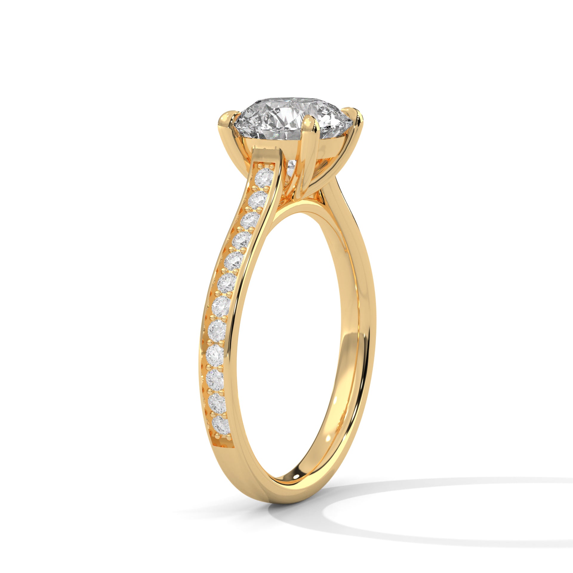 1–3 Carat Round Lab-Grown Diamond Solitaire Engagement Ring – Six Prongs - Pave Band – 18K Gold