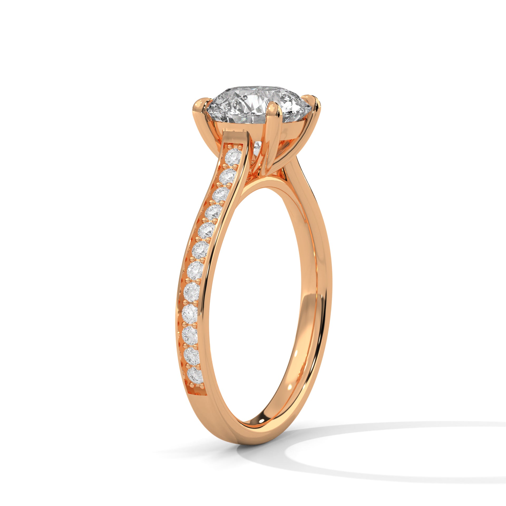 1–3 Carat Round Lab-Grown Diamond Solitaire Engagement Ring – Six Prongs - Pave Band – 18K Gold