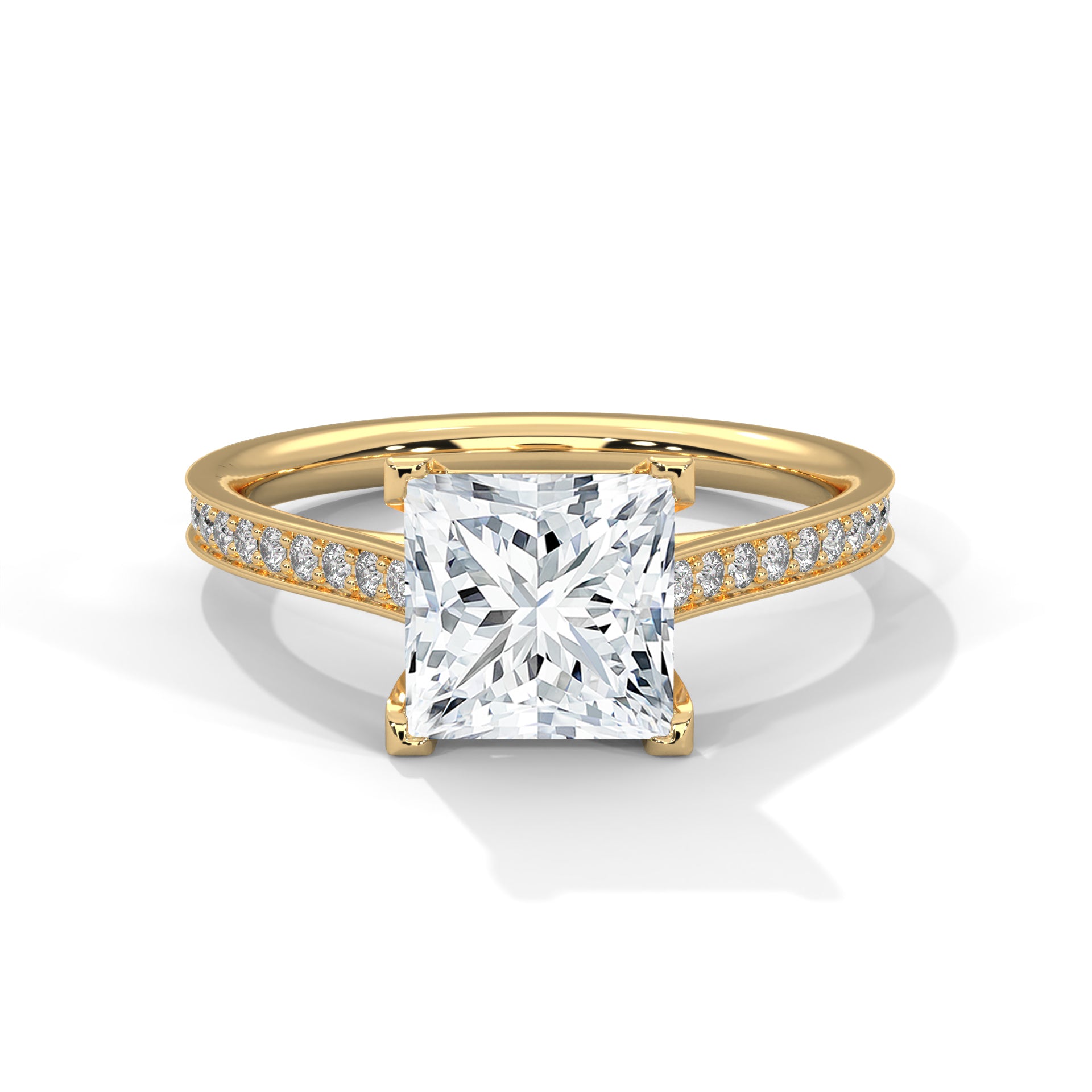 1–3 Carat Princess Lab-Grown Diamond Solitaire Ring – Cathedral Pave Band, 18K Gold