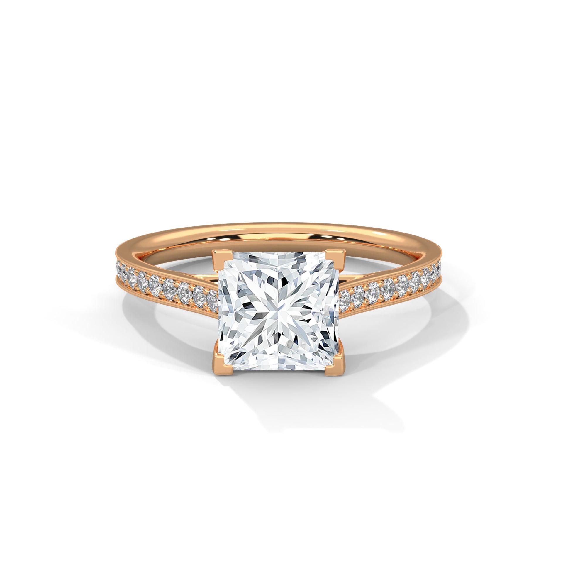 1–3 Carat Princess Lab-Grown Diamond Solitaire Ring – Pave Band, 18K Gold