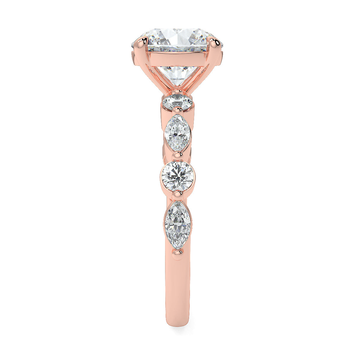 2-5 Carat Round Lab Grown Diamond Solitaire Ring | Marquise & Round Side Stones | IGI Certified | 18K White, Yellow & Rose Gold