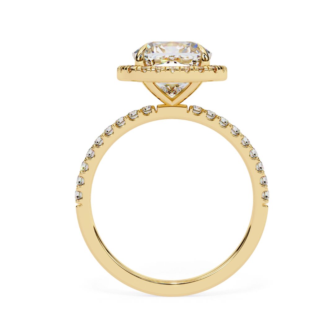 1–2 Carat Cushion Cut Lab Grown Solitaire Diamond Halo Engagement Ring in 18K Gold | Pavé Band
