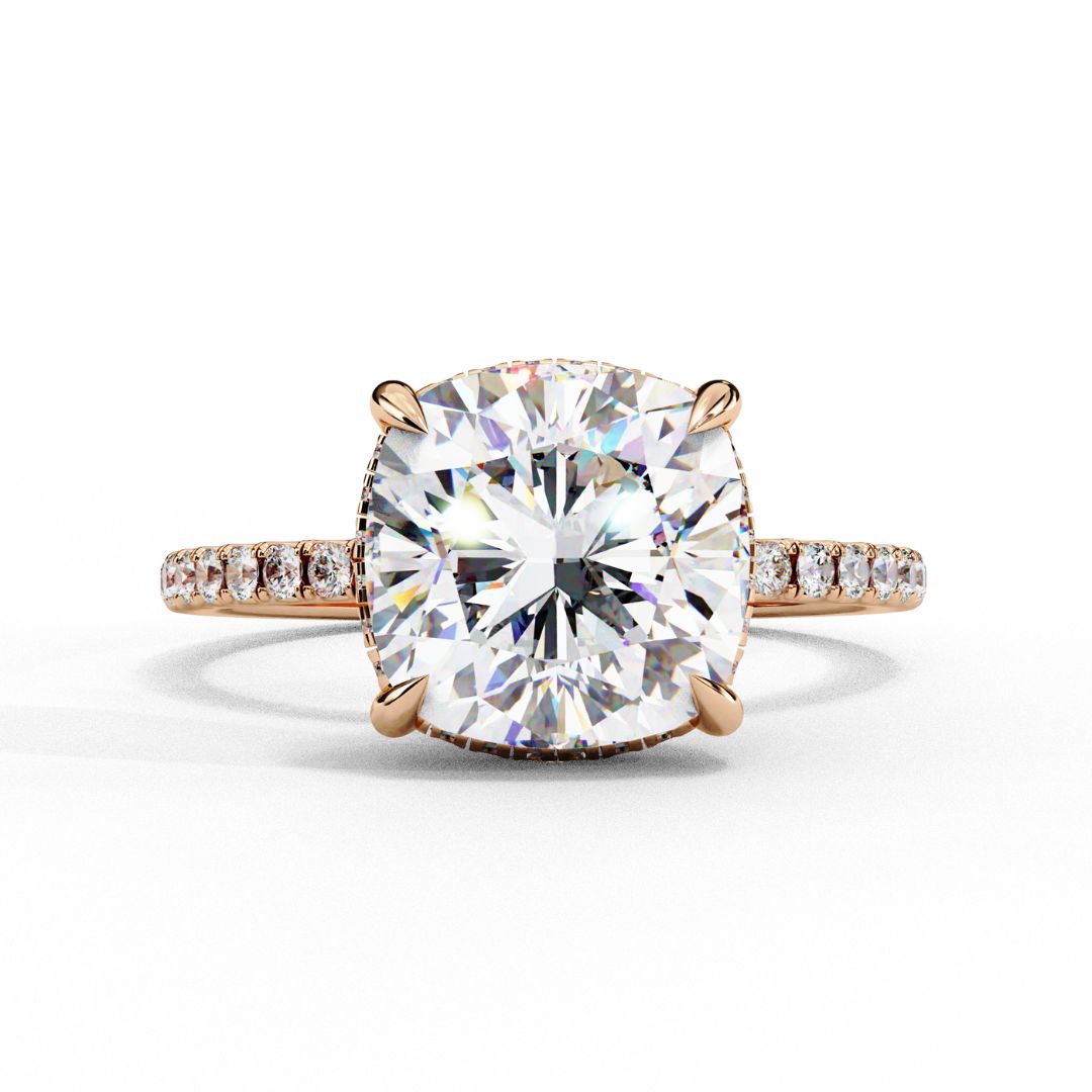1–5 Carat Cushion Cut Lab Grown Diamond Solitaire Ring with Hidden Halo in 18K Gold