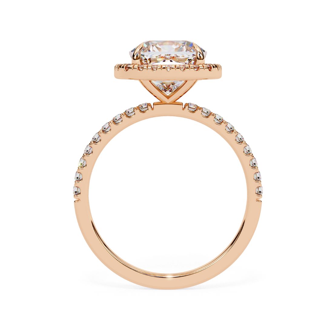 1–2 Carat Cushion Cut Lab Grown Solitaire Diamond Halo Engagement Ring in 18K Gold | Pavé Band