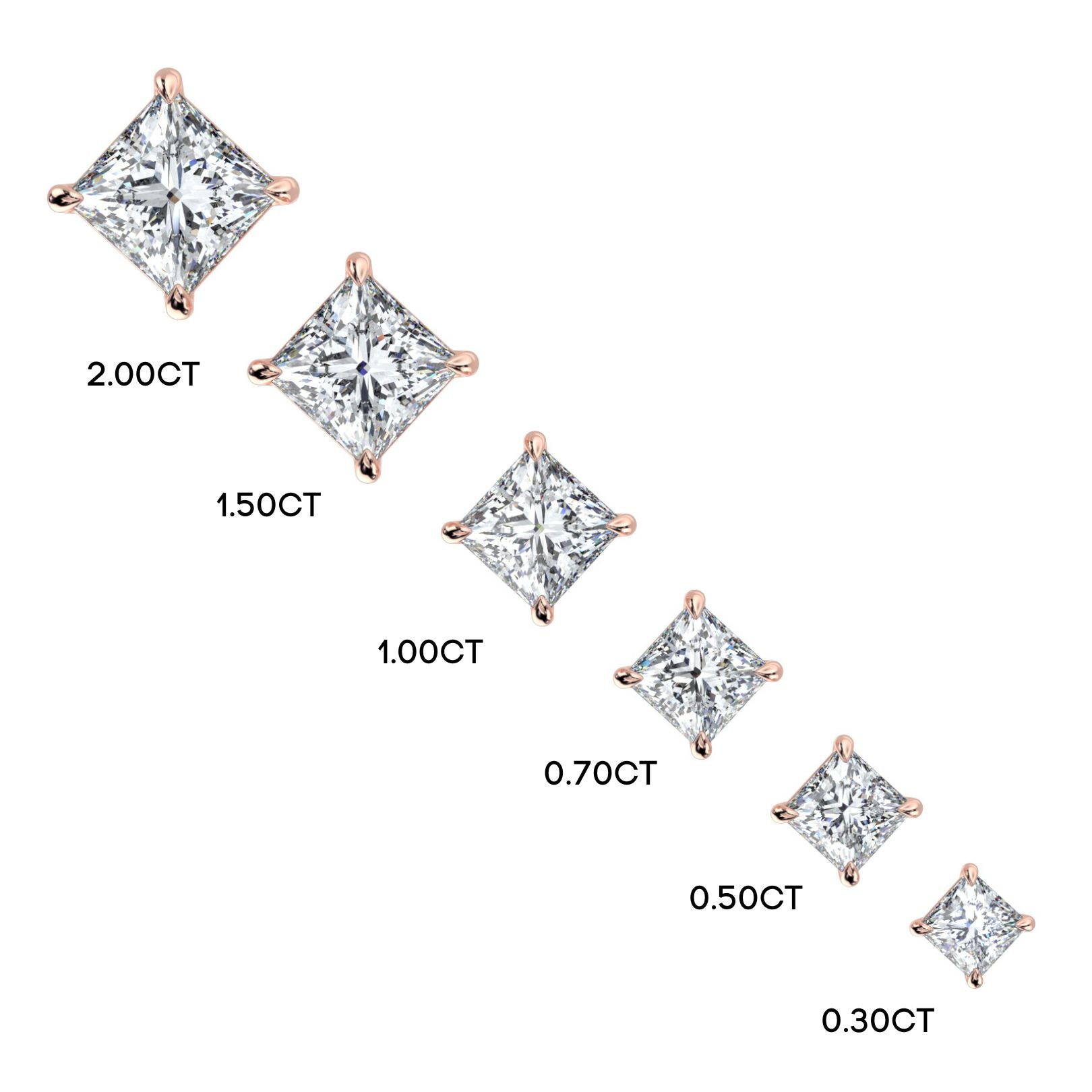 0.5–4 Carat Princess Cut Lab Grown Diamond Stud Earrings | Square Brilliant Solitaire | 18K White, Yellow & Rose Gold