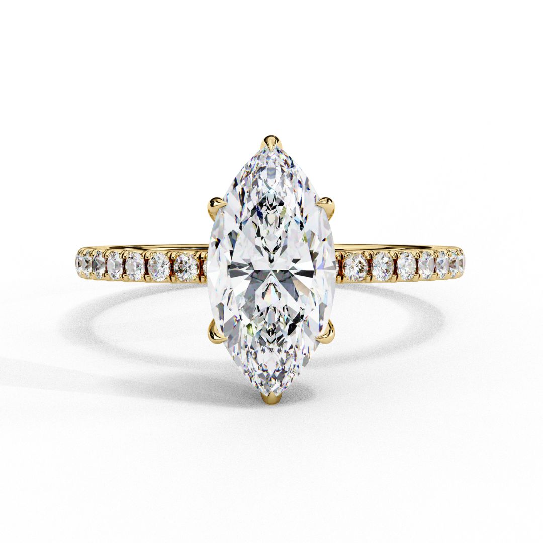 1–5 Carat Marquise Cut Lab Grown Diamond Solitaire Ring with Hidden Halo in 18K Gold | Pavé Band