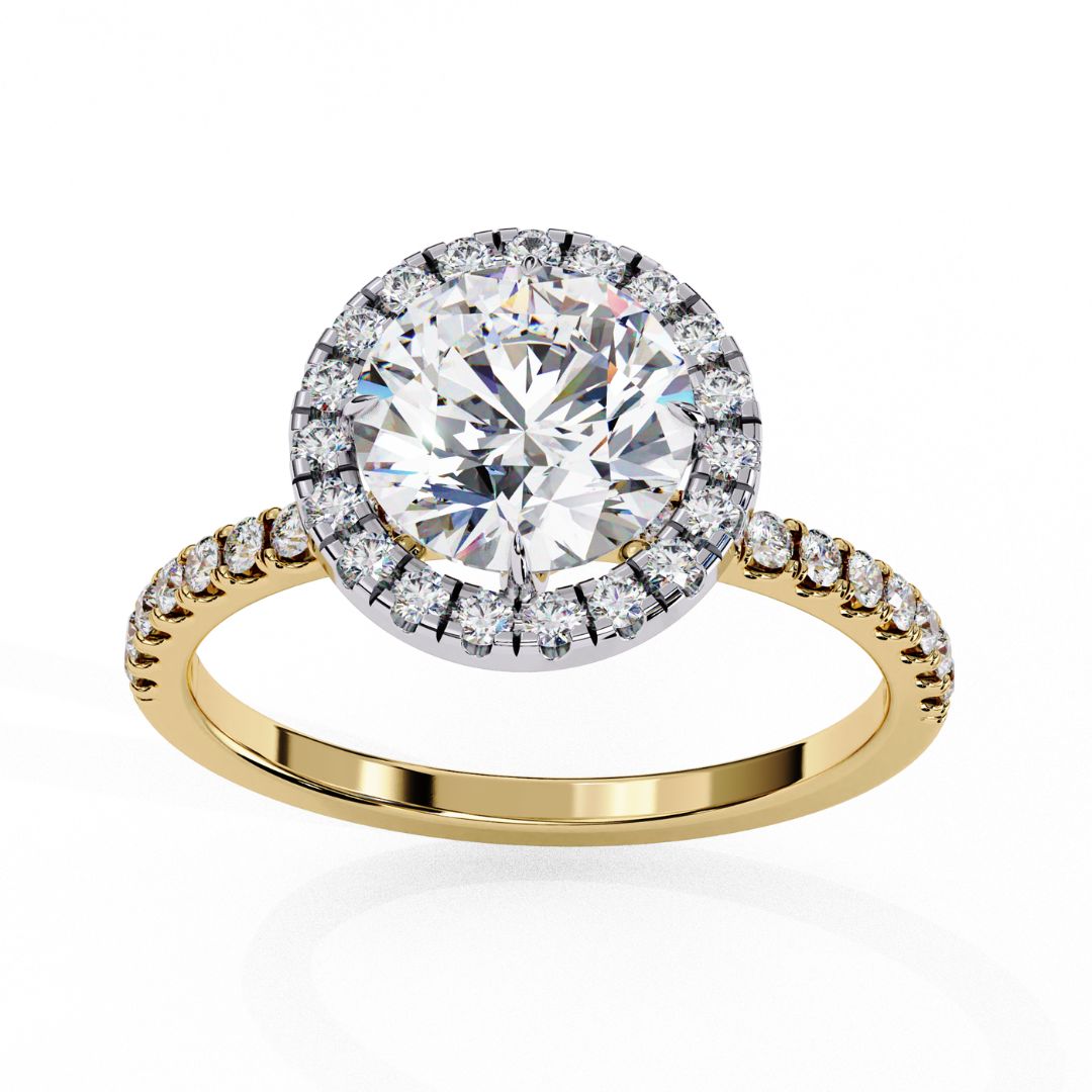 1–2 Carat Round Lab Grown Solitaire Diamond Halo Ring in 18K Gold | Pavé Band Engagement Ring