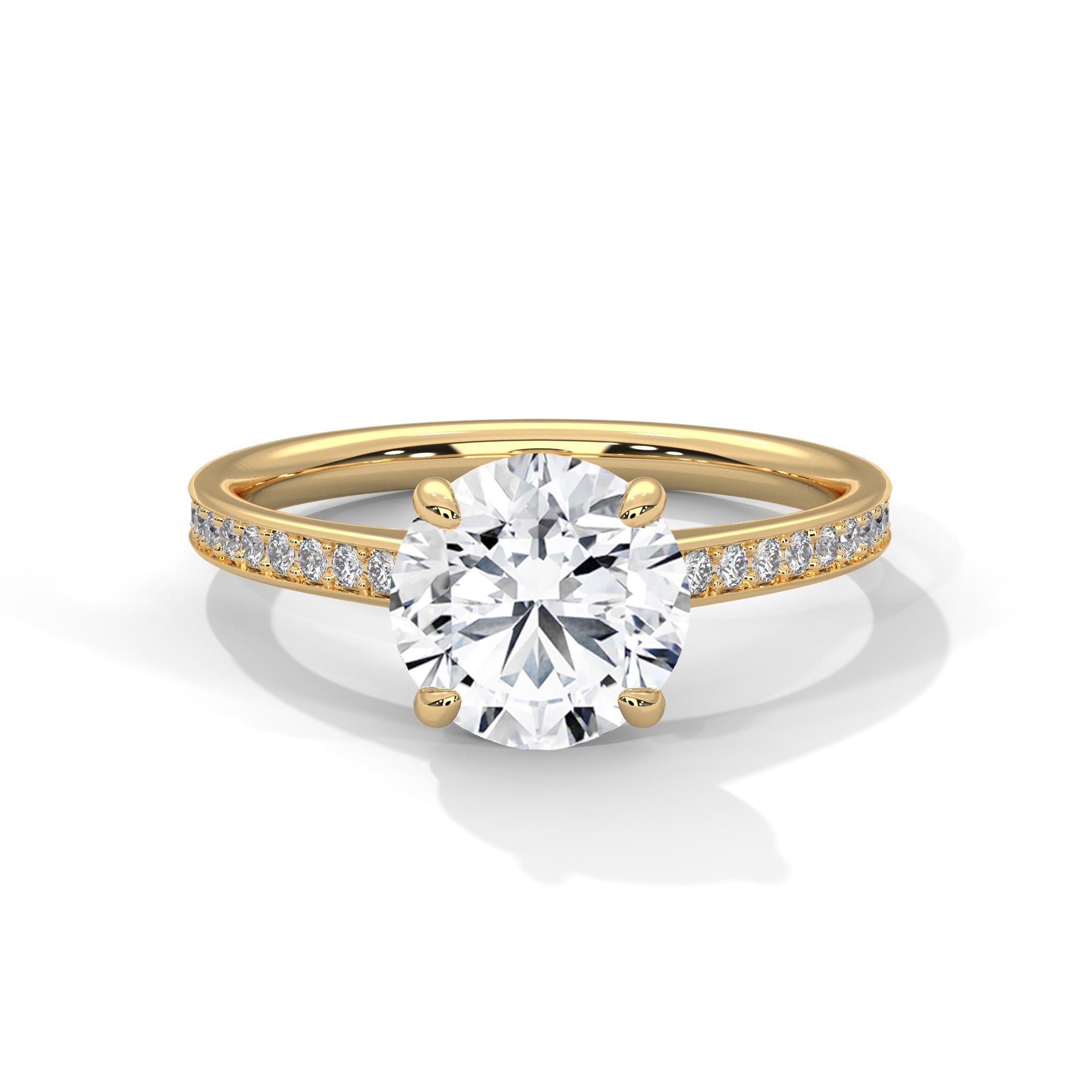 1–3 Carat Round Lab Grown Diamond Solitaire Ring with Pavé Band – Four Prong Setting in 18K Gold