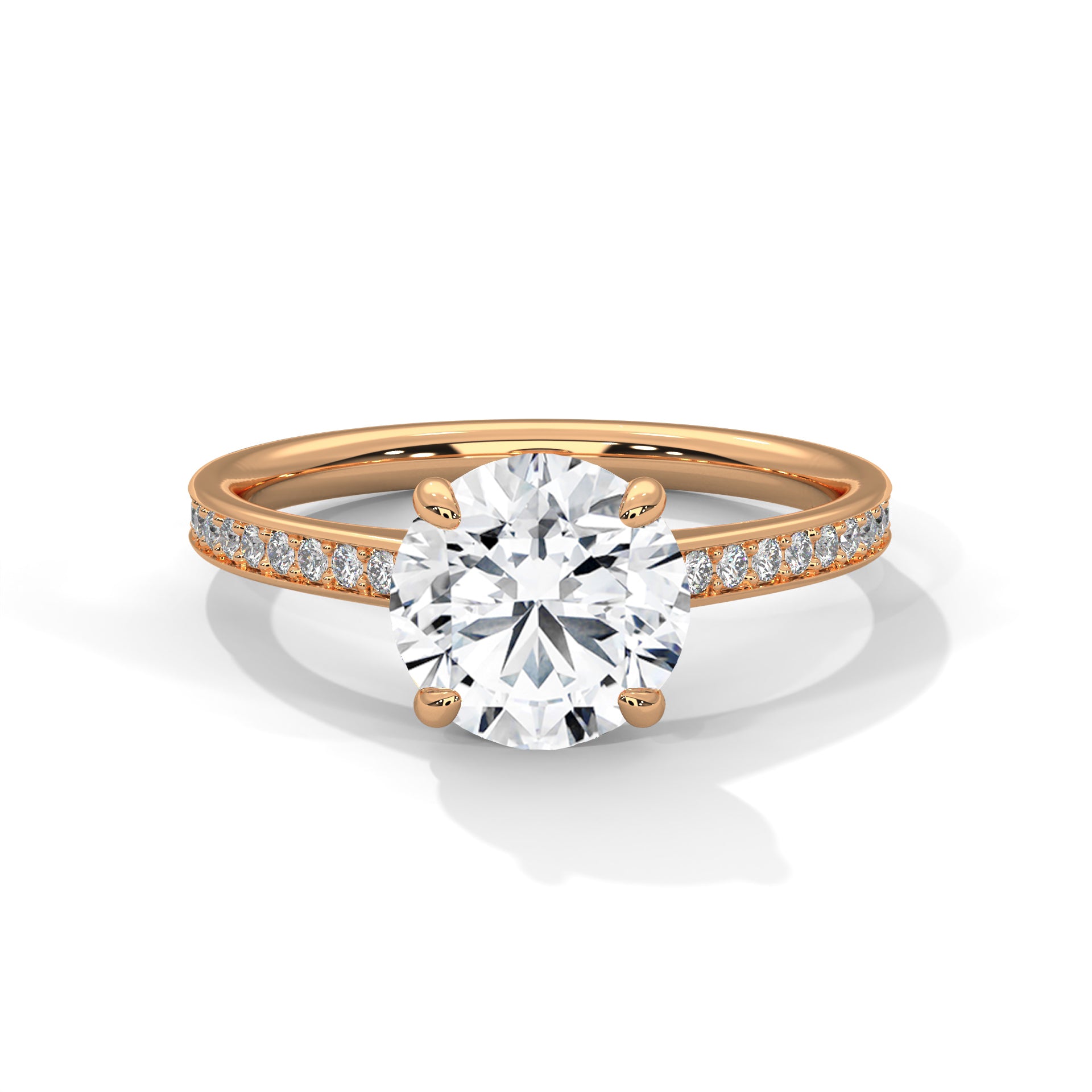 1–3 Carat Round Lab Grown Diamond Solitaire Ring with Pavé Band – Four Prong Setting in 18K Gold