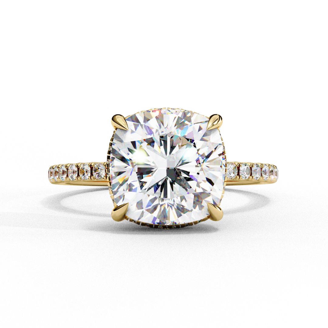 1–5 Carat Cushion Cut Lab Grown Diamond Solitaire Ring with Hidden Halo in 18K Gold