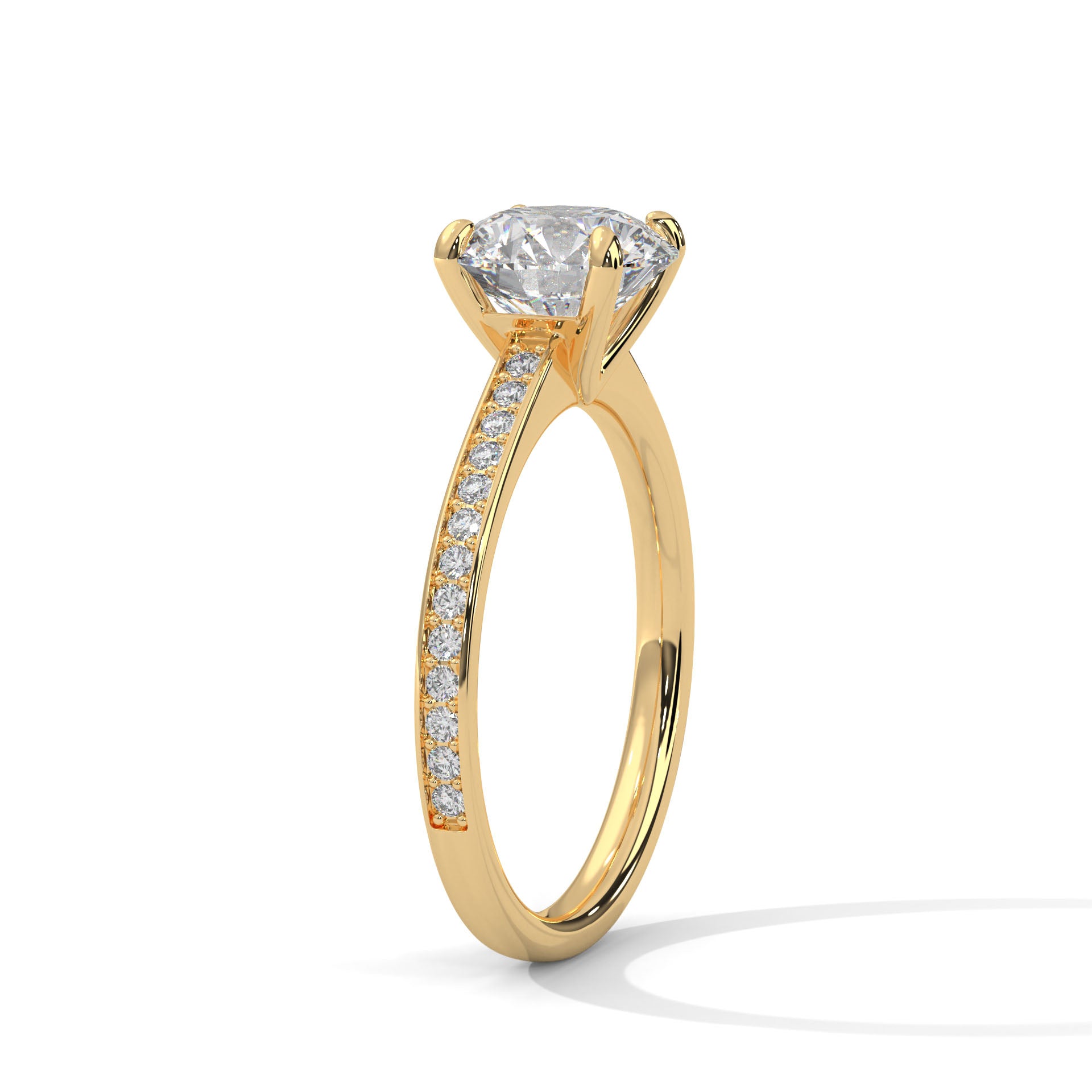 1–3 Carat Round Lab Grown Diamond Solitaire Ring with Pavé Band – Four Prong Setting in 18K Gold