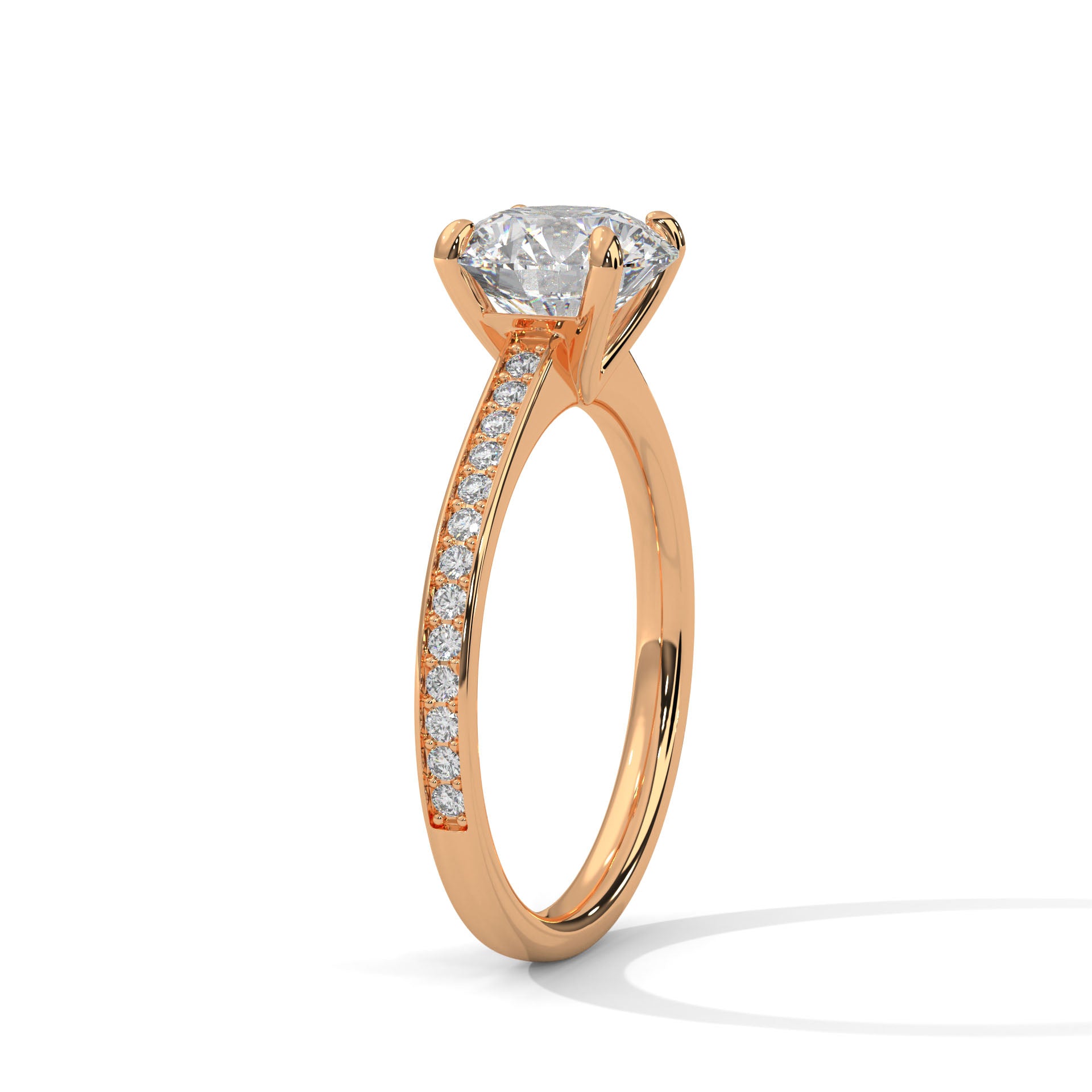 1–3 Carat Round Lab Grown Diamond Solitaire Ring with Pavé Band – Four Prong Setting in 18K Gold