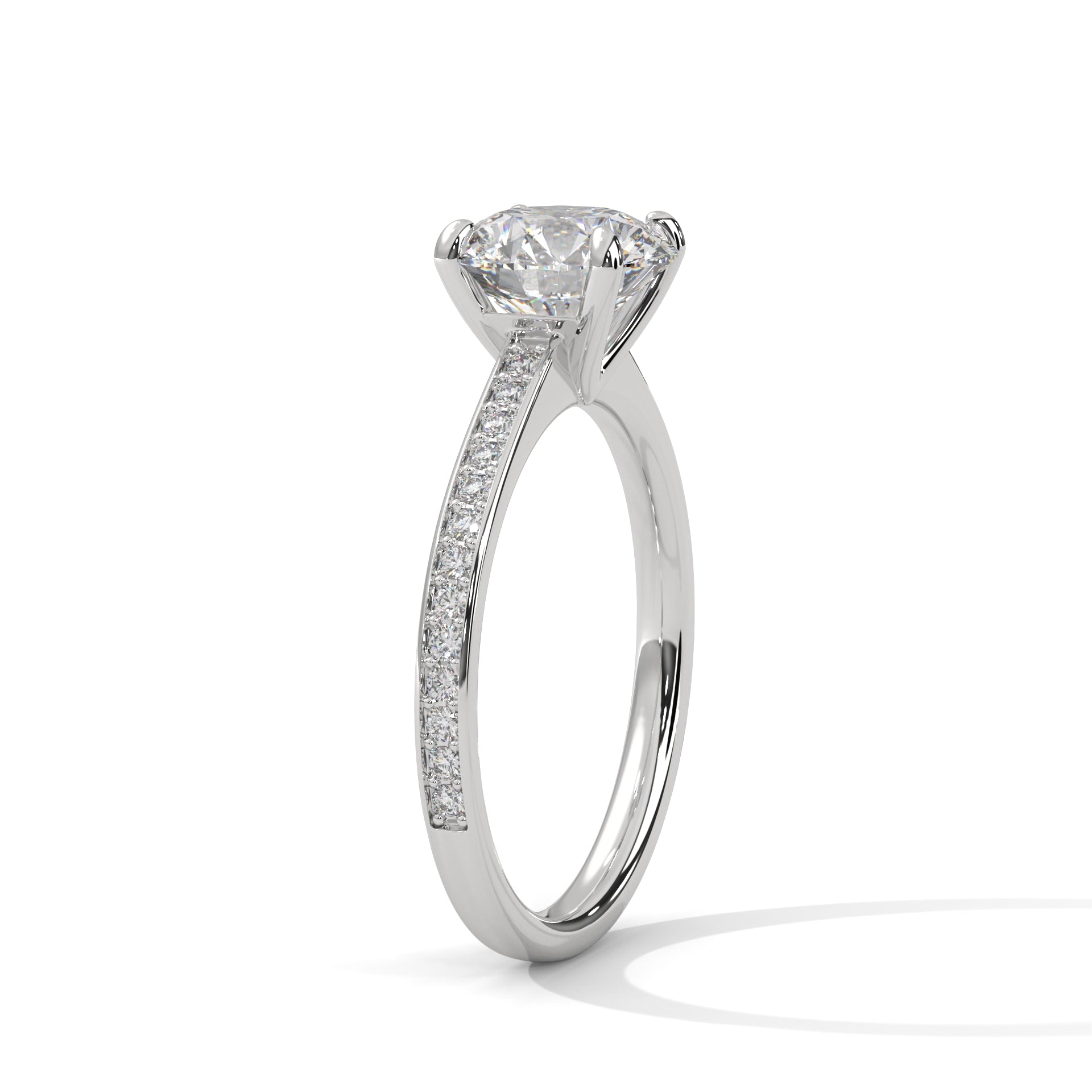 1–3 Carat Round Lab Grown Diamond Solitaire Ring with Pavé Band – Four Prong Setting in 18K Gold