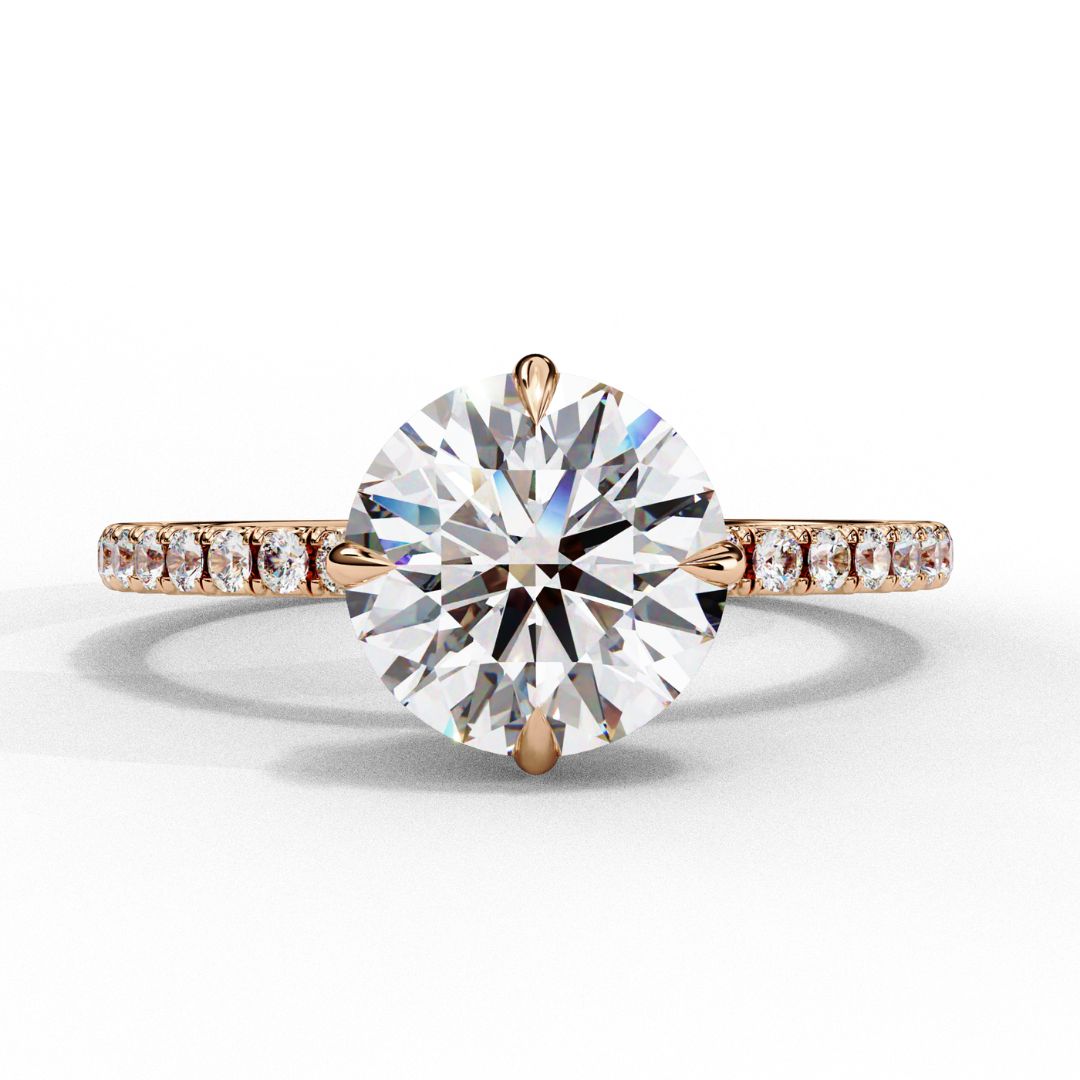 1–5 Carat Round Lab Grown Diamond Solitaire Ring with Hidden Halo in 18K Gold | Pavé Band Solitaire