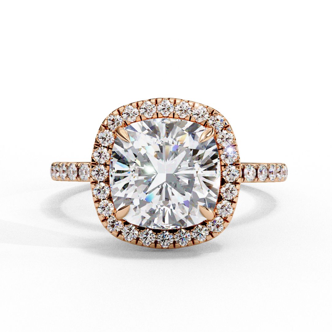 1–2 Carat Cushion Cut Lab Grown Solitaire Diamond Halo Engagement Ring in 18K Gold | Pavé Band