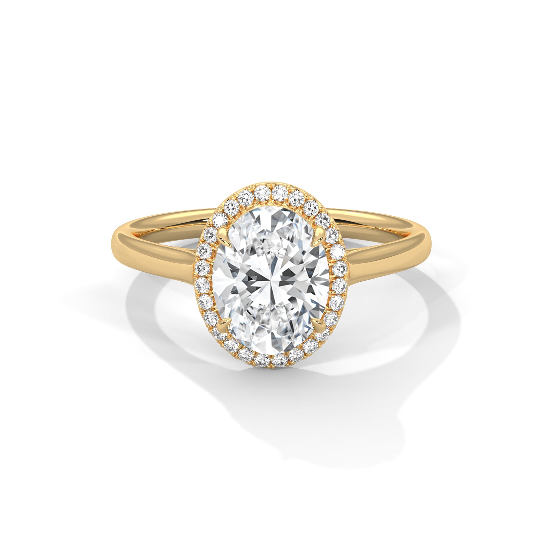 1–3 Carat Oval Lab Grown Solitaire Diamond Halo Ring – Four Prong Setting in 18K Gold