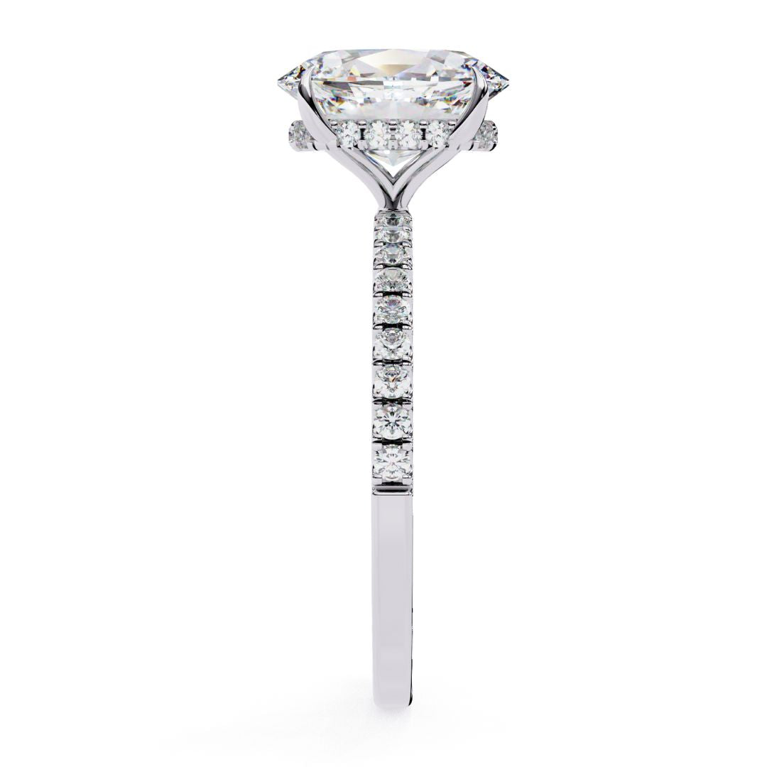 1–5 Carat Oval Lab Grown Solitaire Diamond Ring with Hidden Halo in 18K Gold | Pavé Band