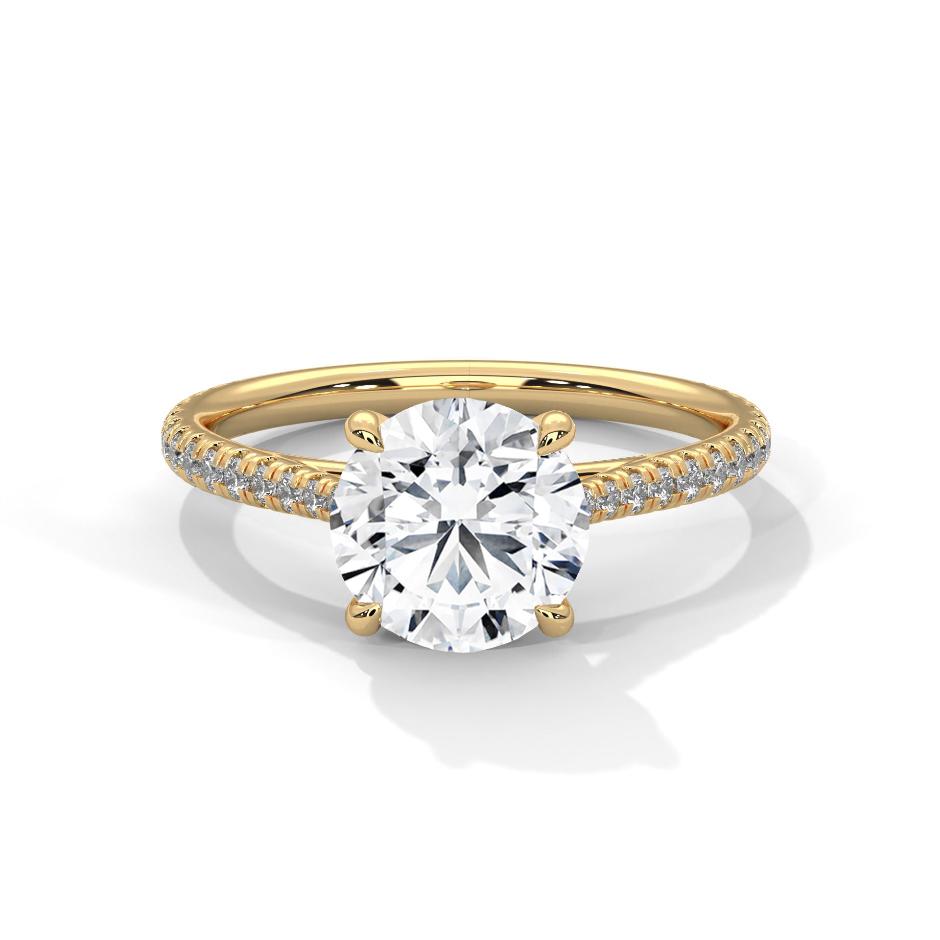 1–3 Carat Round Lab Grown Diamond Solitaire Ring with Pavé Band – Four Prong Setting in 18K Gold