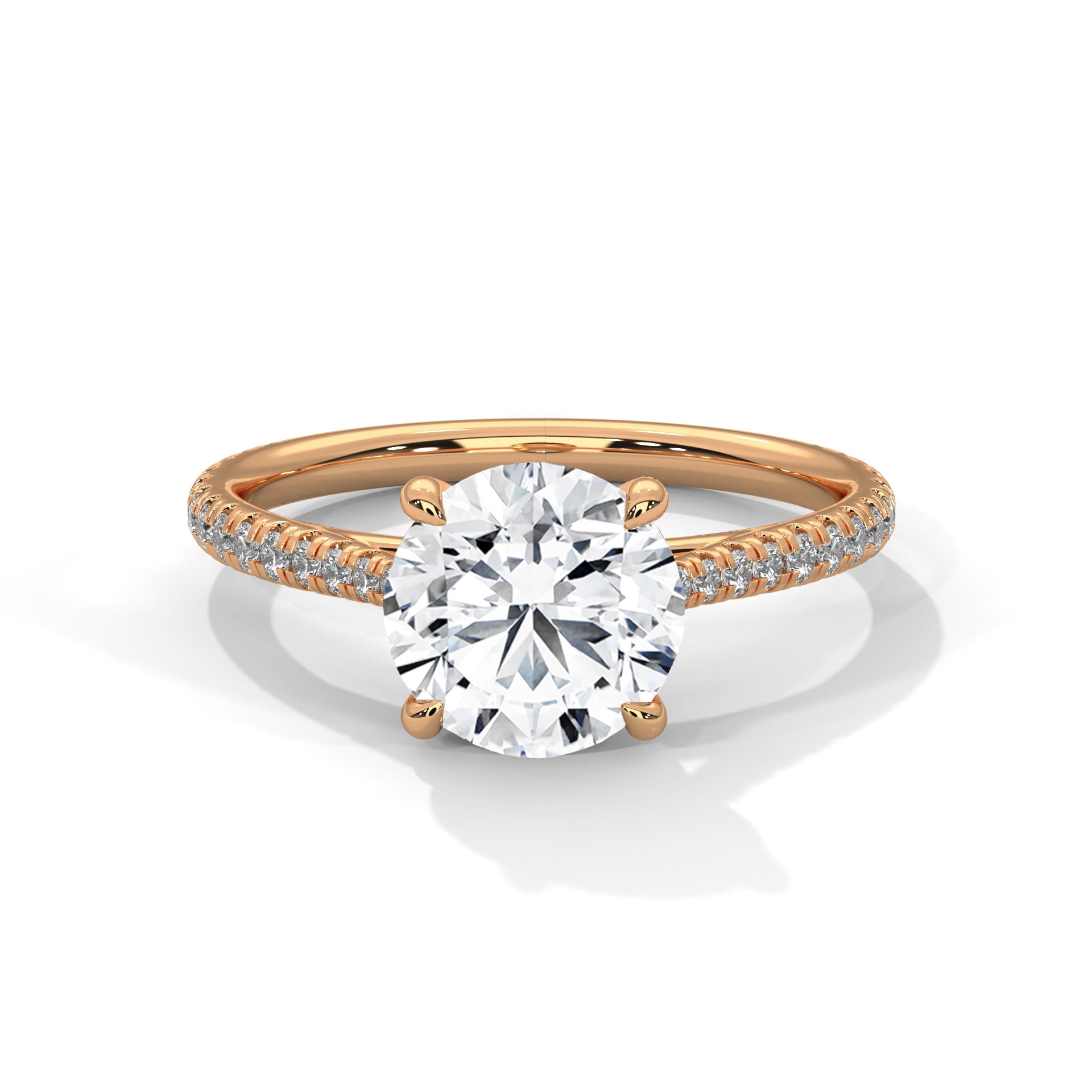 1–3 Carat Round Lab Grown Diamond Solitaire Ring with Pavé Band – Four Prong Setting in 18K Gold