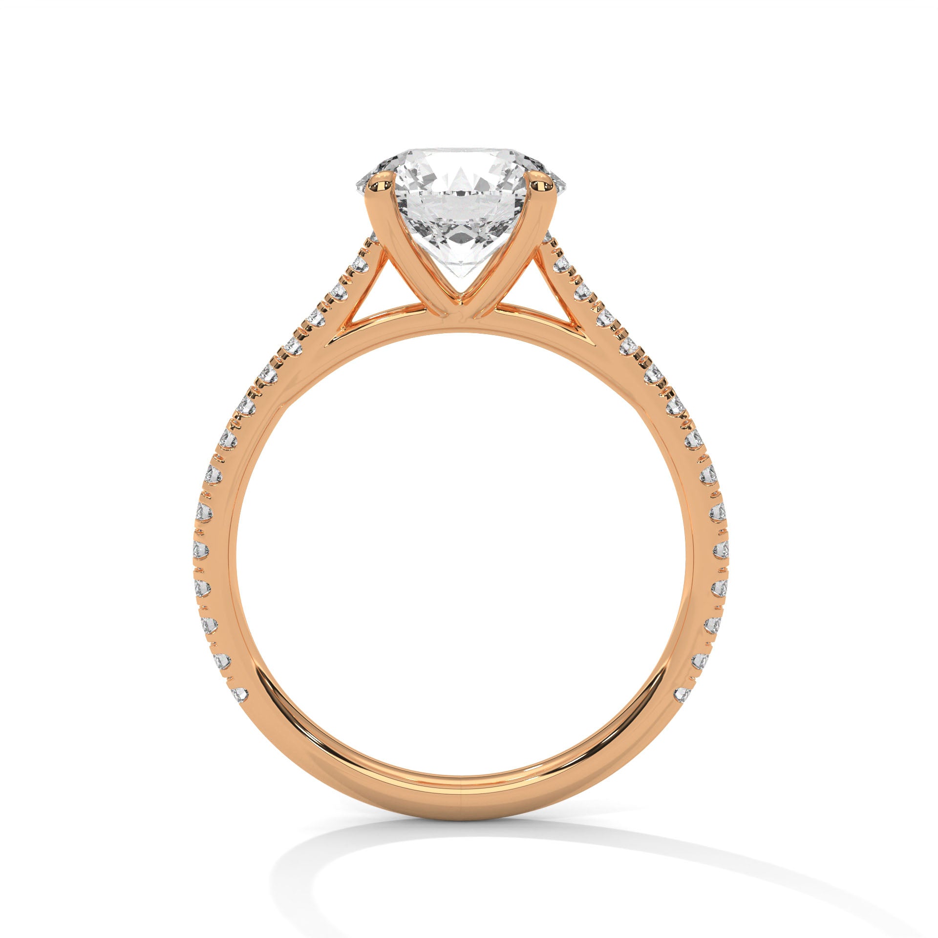 1–3 Carat Round Lab Grown Diamond Solitaire Ring with Pavé Band – Four Prong Setting in 18K Gold