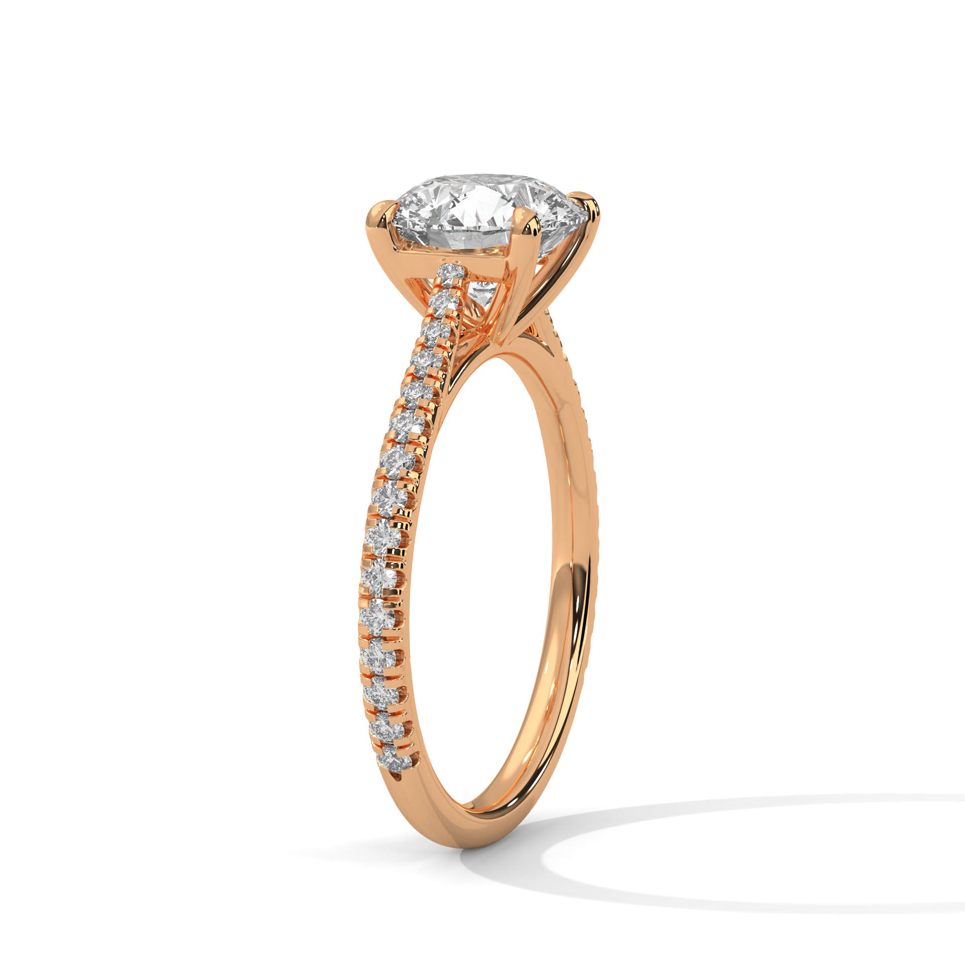 1–3 Carat Round Lab Grown Diamond Solitaire Ring with Pavé Band – Four Prong Setting in 18K Gold