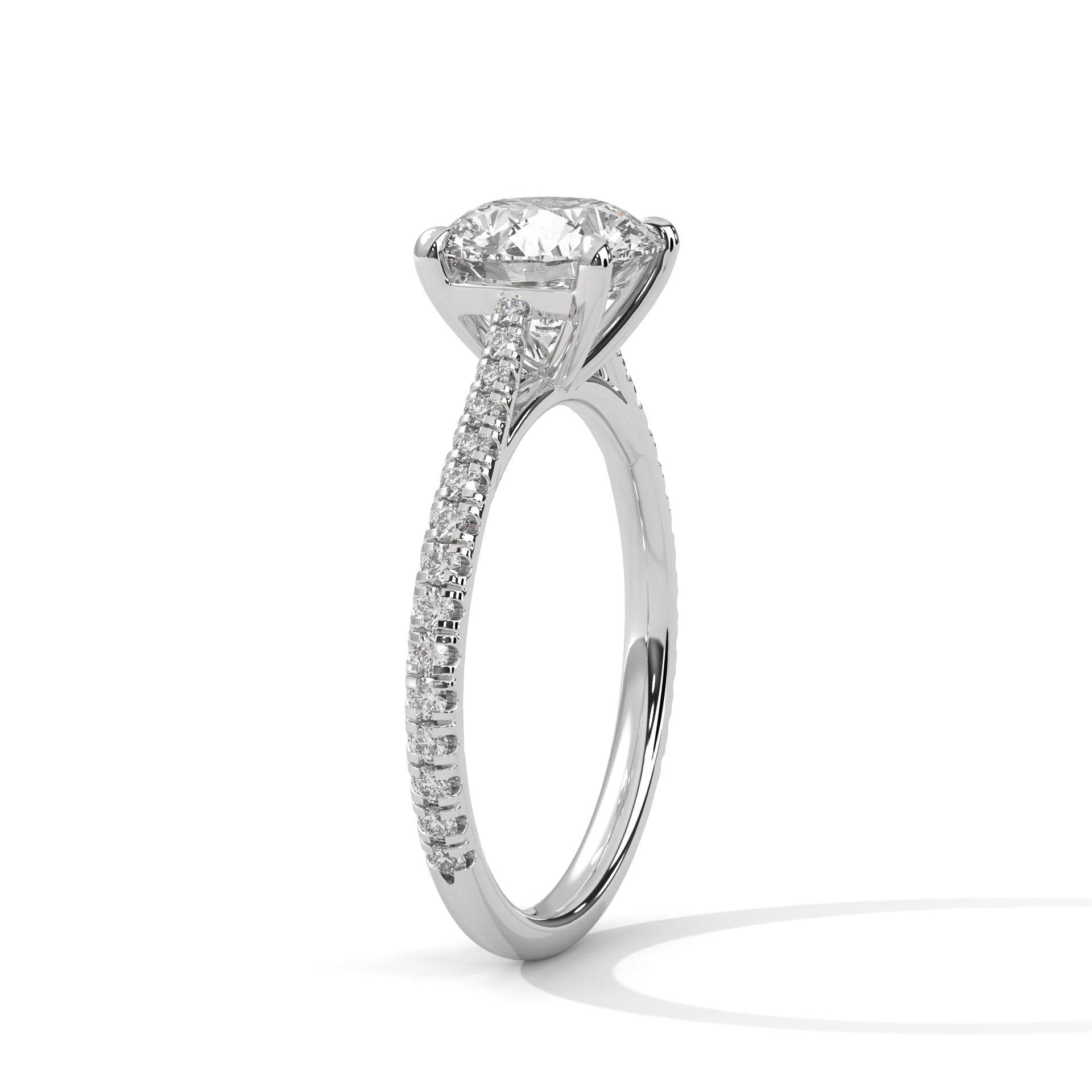 1–3 Carat Round Lab Grown Diamond Solitaire Ring with Pavé Band – Four Prong Setting in 18K Gold