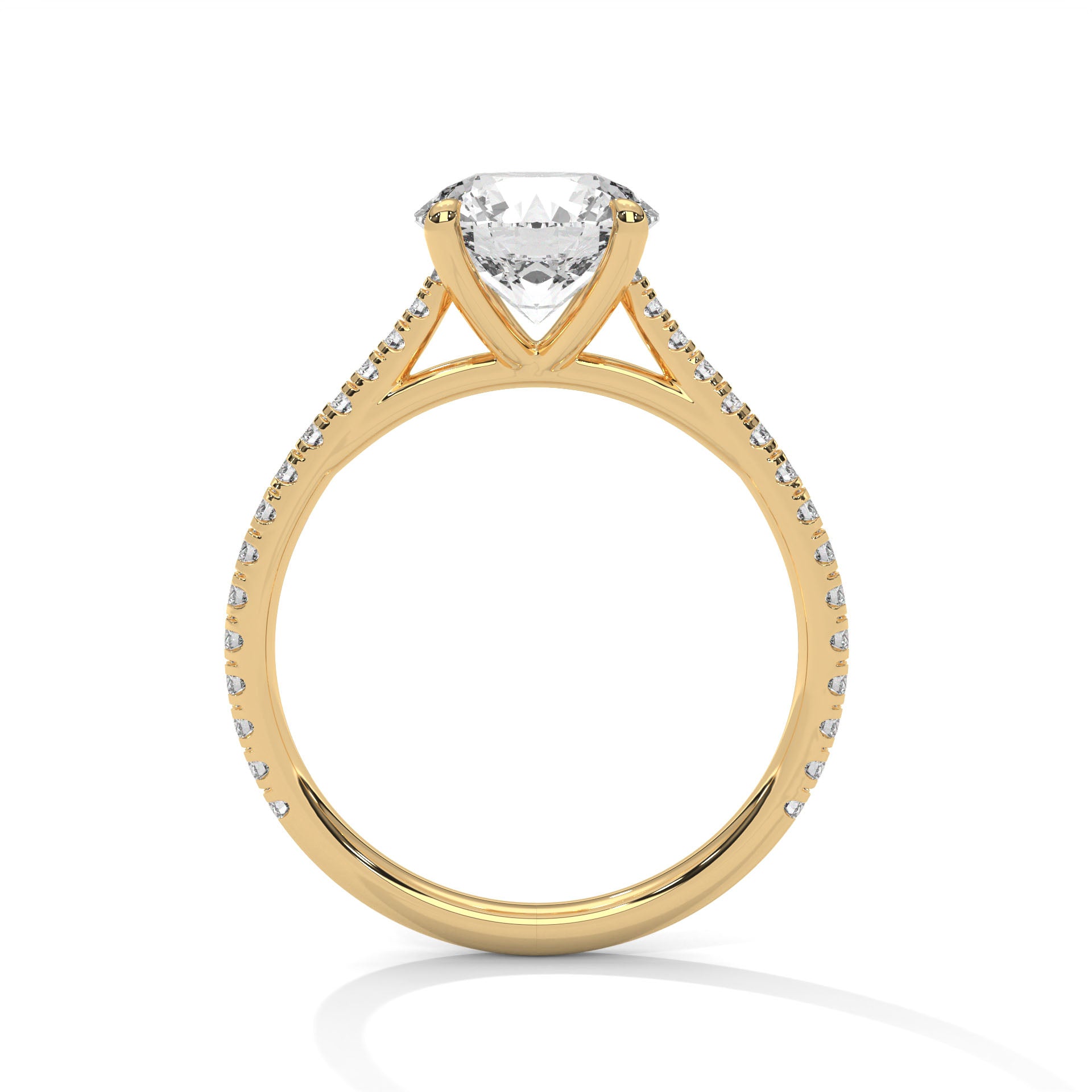 1–3 Carat Round Lab Grown Diamond Solitaire Ring with Pavé Band – Four Prong Setting in 18K Gold