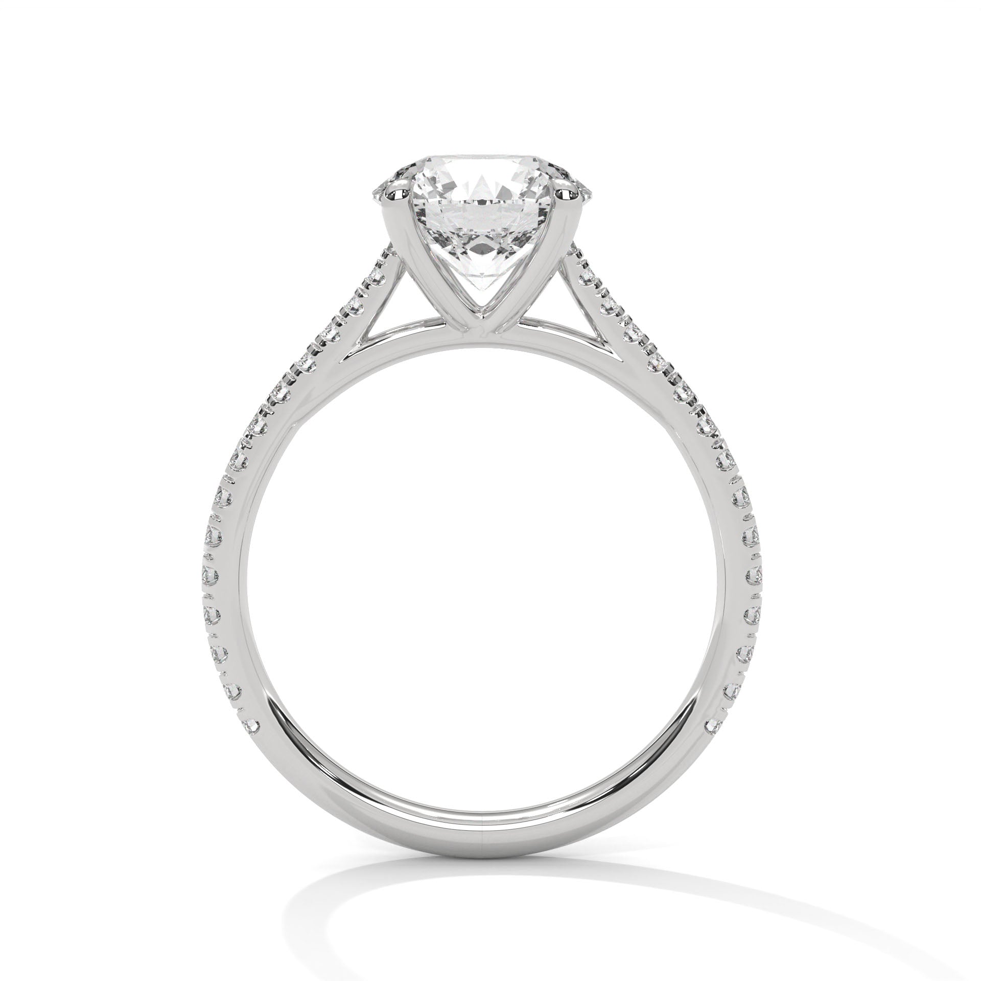 1–3 Carat Round Lab Grown Diamond Solitaire Ring with Pavé Band – Four Prong Setting in 18K Gold
