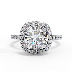 1–2 Carat Cushion Cut Lab Grown Solitaire Diamond Halo Engagement Ring in 18K Gold | Pavé Band