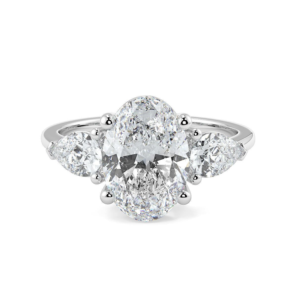 1–5 Carat Oval Cut Lab Grown Diamond Solitaire Trilogy Ring in 18K Gold | Pear Side Stones