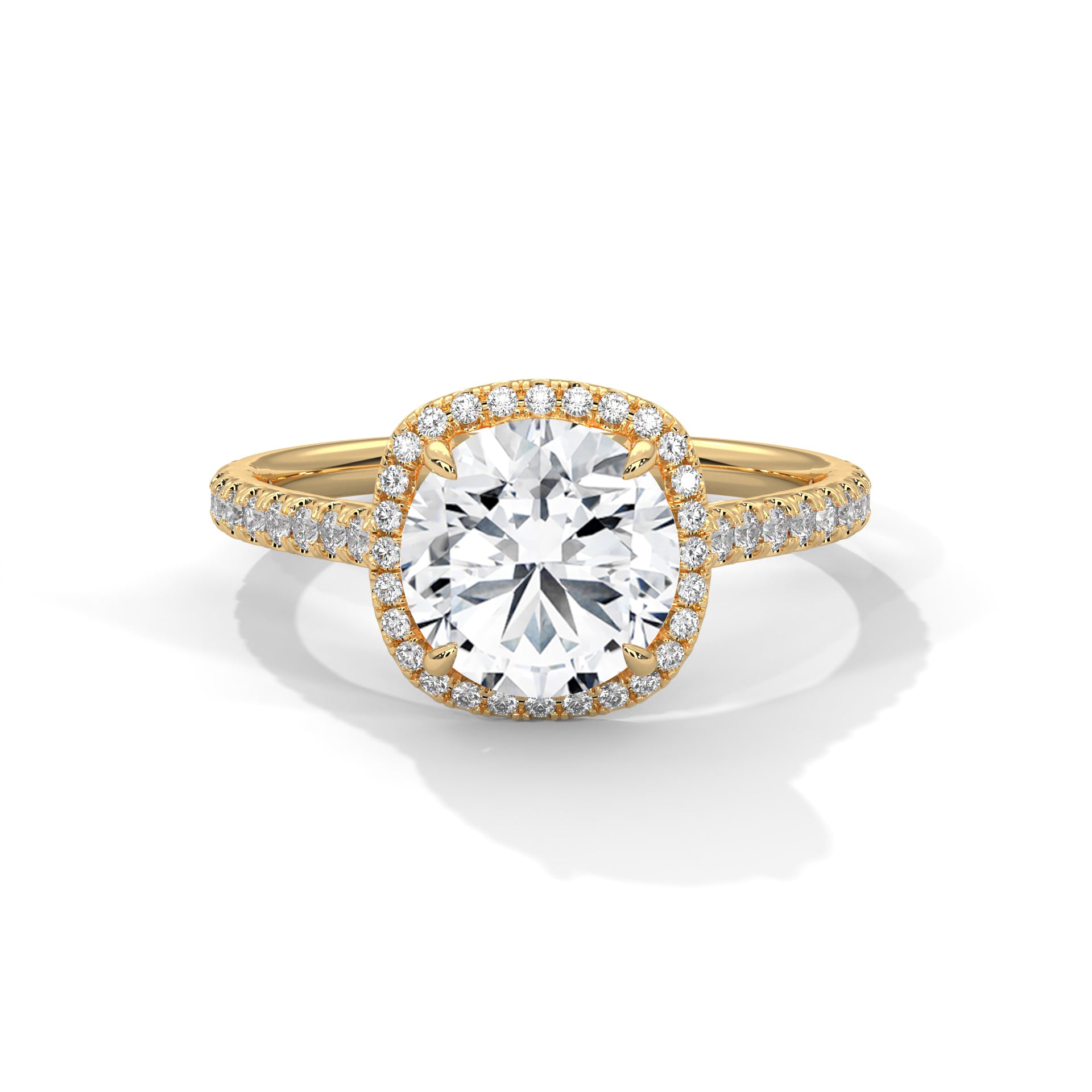 1–3 Carat Round Lab Grown Diamond Solitaire Halo Ring with Pavé Band – 18K White, Yellow or Rose Gold