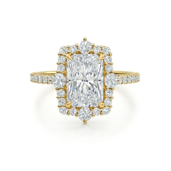 2 Carat Radiant Cut Lab Grown Diamond Engagement Ring with Halo & Side Diamonds | 18K Gold