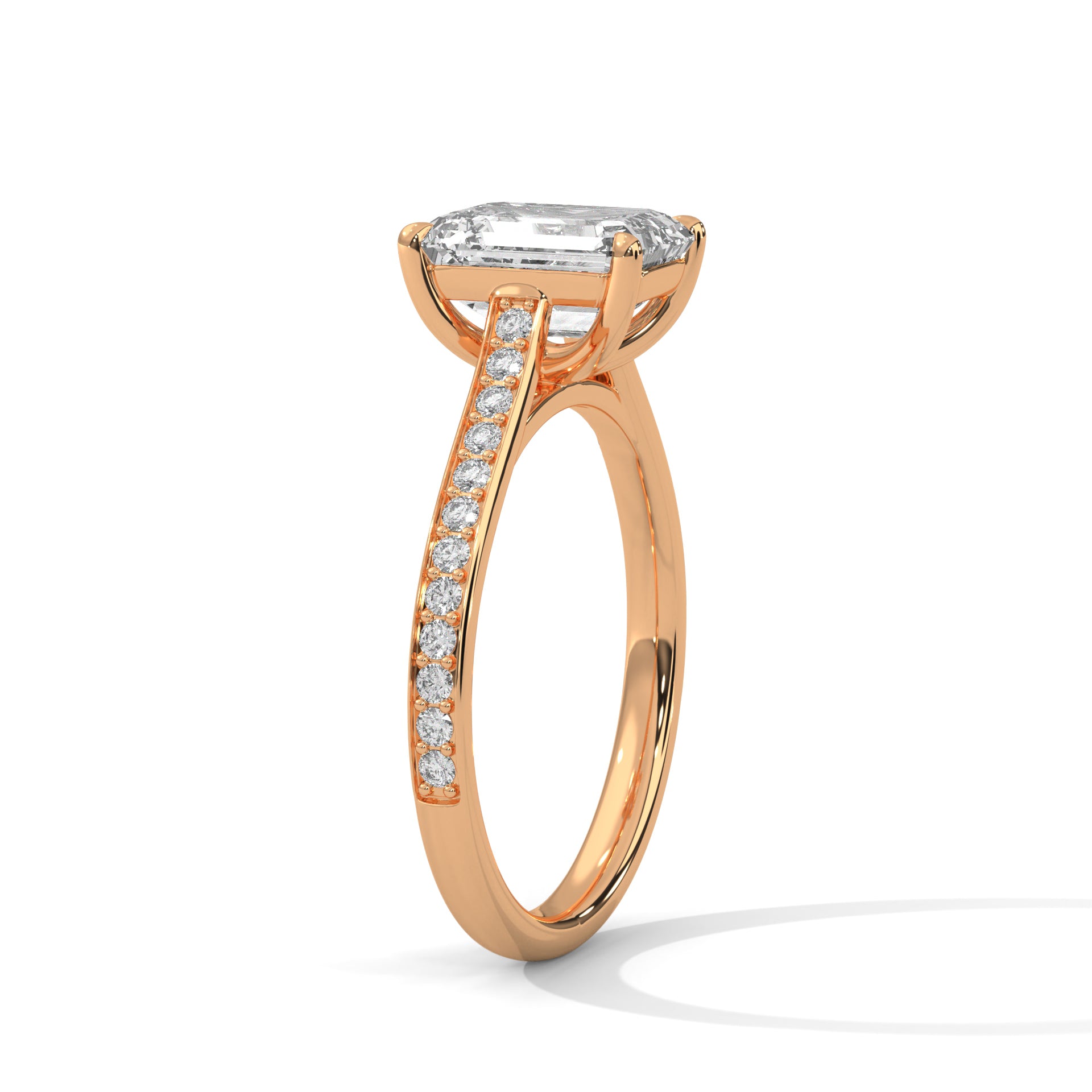 1–3 Carat Emerald Cut Lab Grown Diamond Solitaire Ring – Cathedral Pavé Setting in 18K Gold