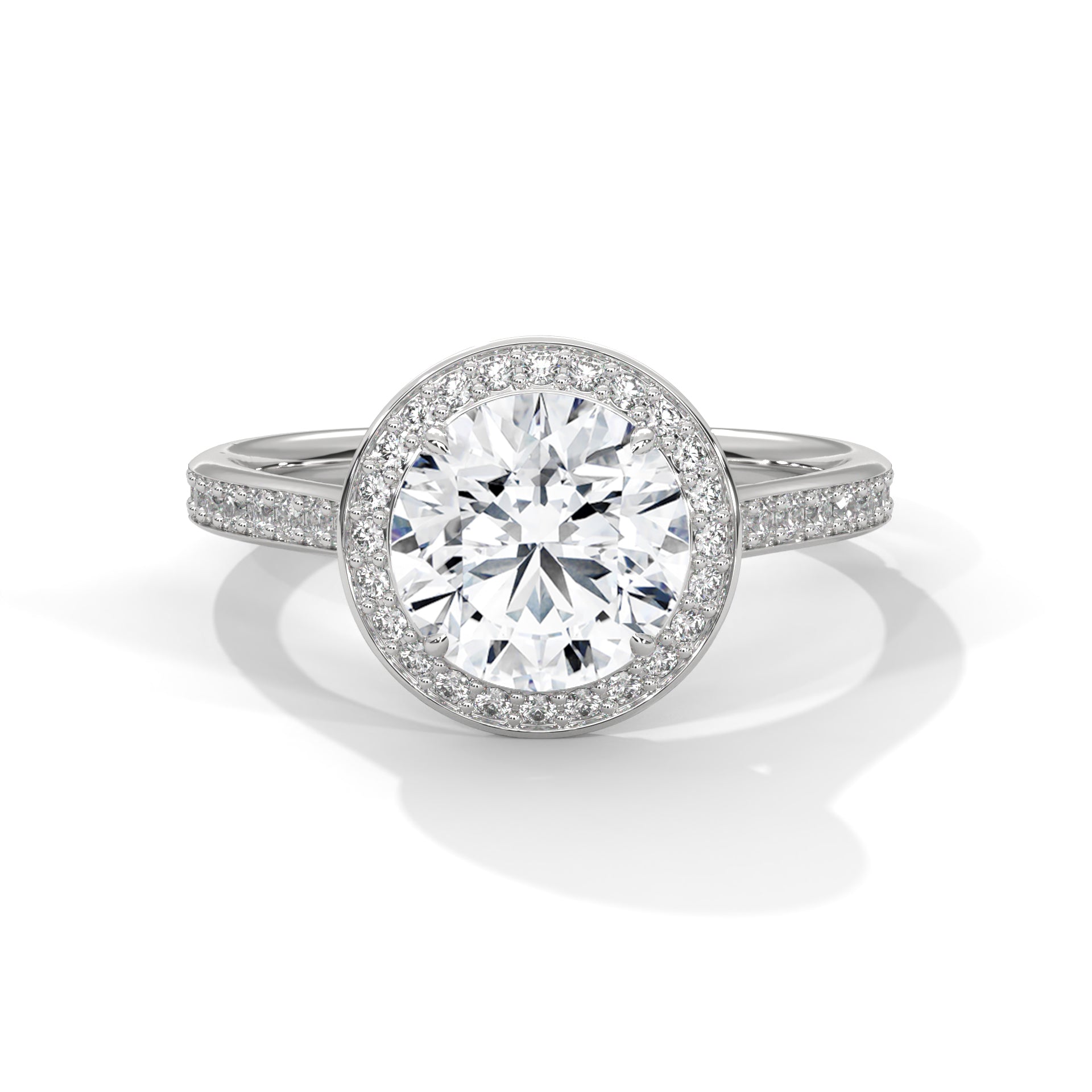 1–3 Carat Round Lab Grown Solitaire Diamond Halo Ring with Pave Band – Four Prong Setting in 18K Gold