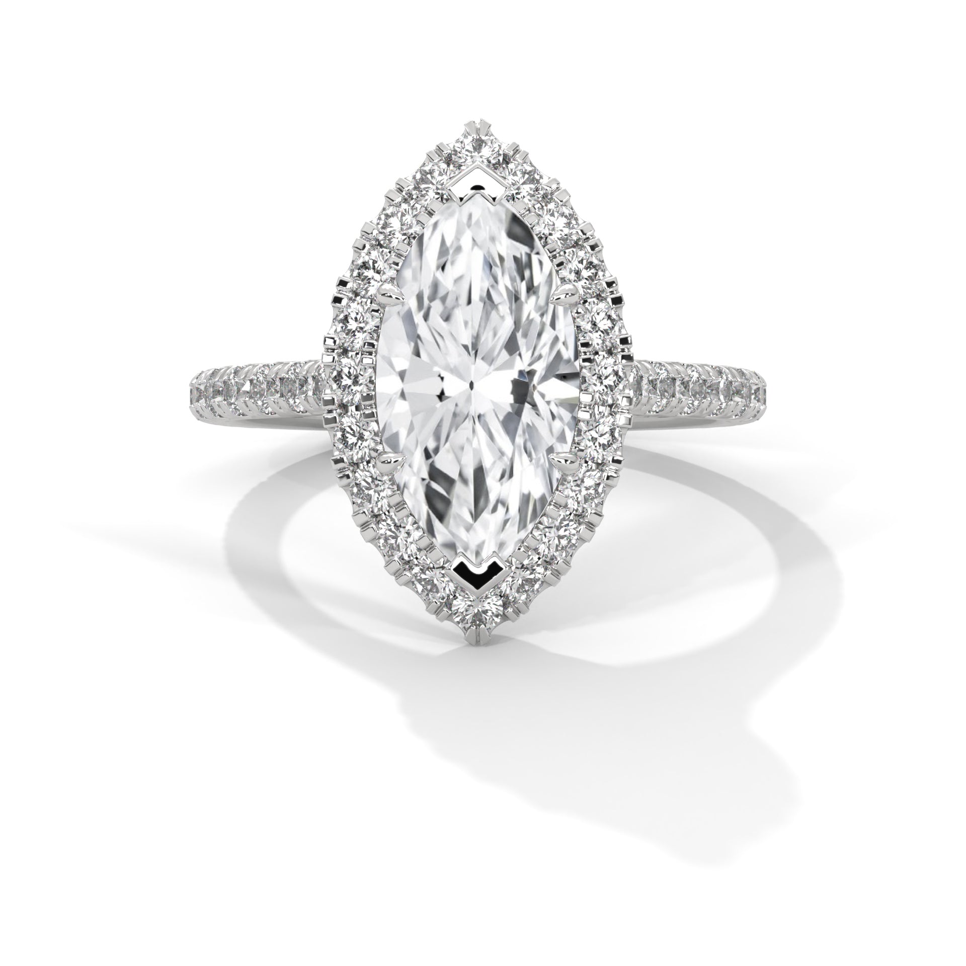 1–3 Carat Marquise Lab-Grown Diamond Solitaire Engagement Ring with Halo – Pave Band in 18K Gold