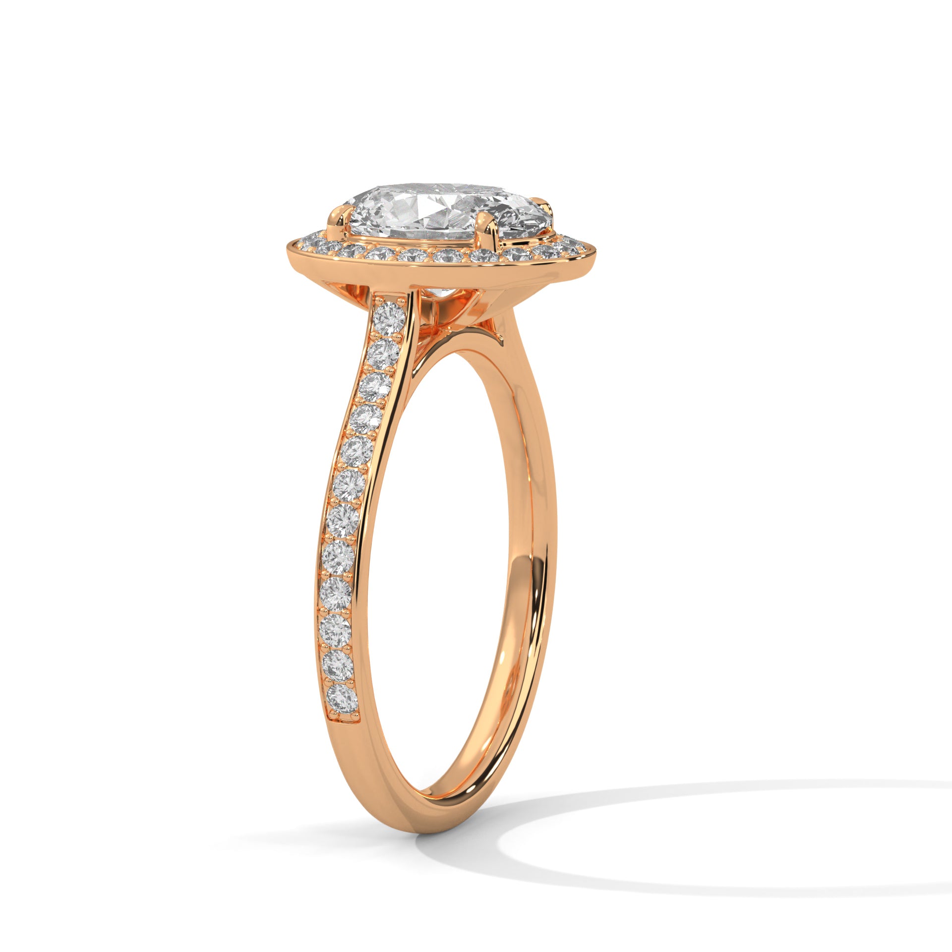 1–3 Carat Oval Lab Grown Diamond Solitaire Ring with Halo Diamonds & Pavé Band – Four Prong Setting in 18K Gold
