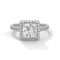 1–3 Carat Princess Lab-Grown Diamond Solitaire Engagement Ring with Halo – Pave Band – 18K Gold