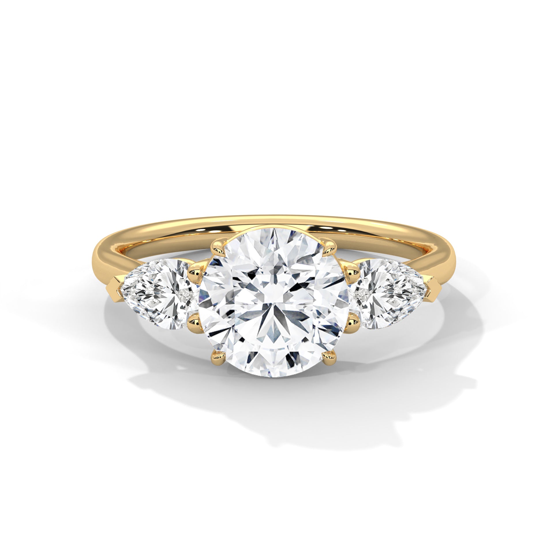 1–5 Carat Round Lab Grown Diamond Trilogy Ring with Pear Side Diamonds – 18K White, Yellow or Rose Gold