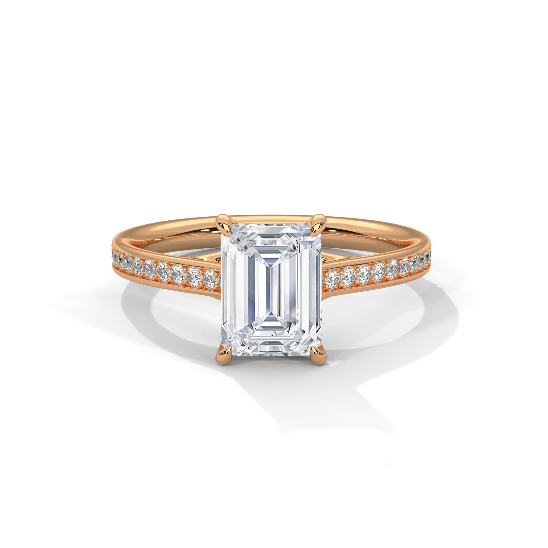 1–3 Carat Emerald Cut Lab Grown Diamond Solitaire Ring with Pavé Band – Four Prong Setting in 18K Gold