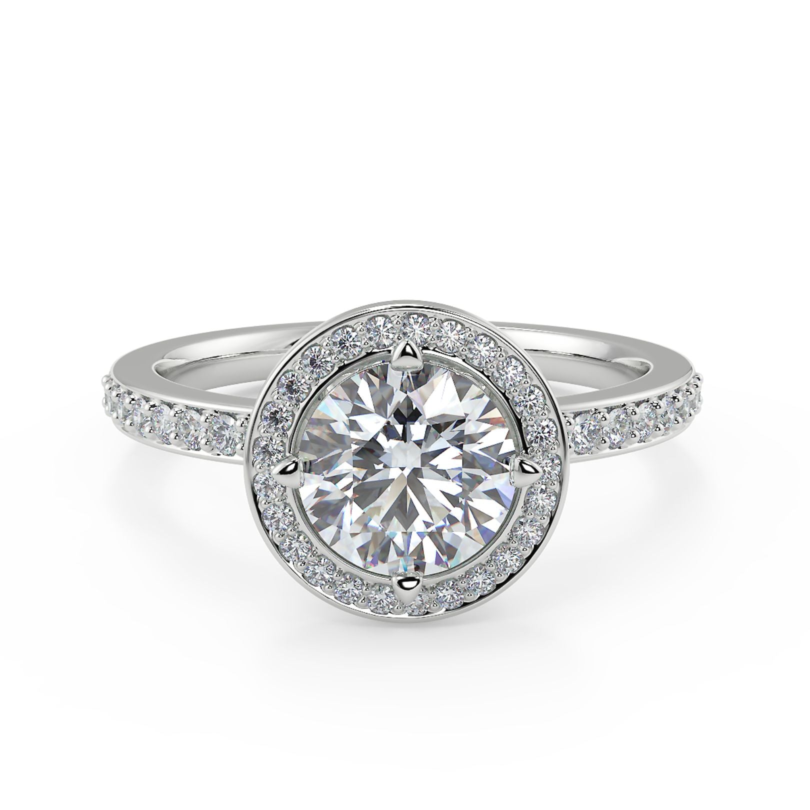 1–2 Carat Round Lab Grown Diamond Solitaire Halo Ring | Pavé Band | IGI Certified | 18K White Gold