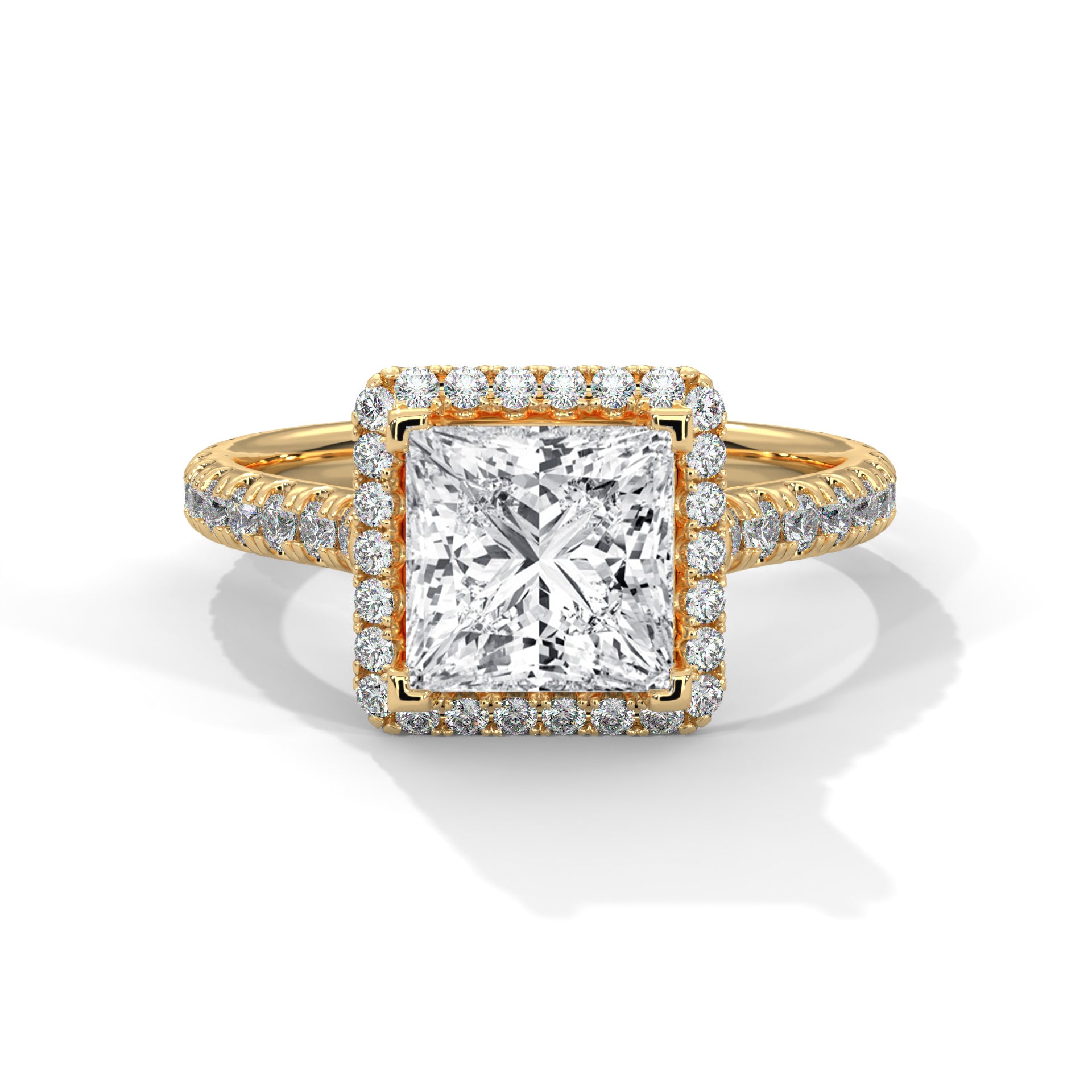 1–3 Carat Princess Lab-Grown Diamond Solitaire Engagement Ring with Halo – Pave Band – 18K Gold