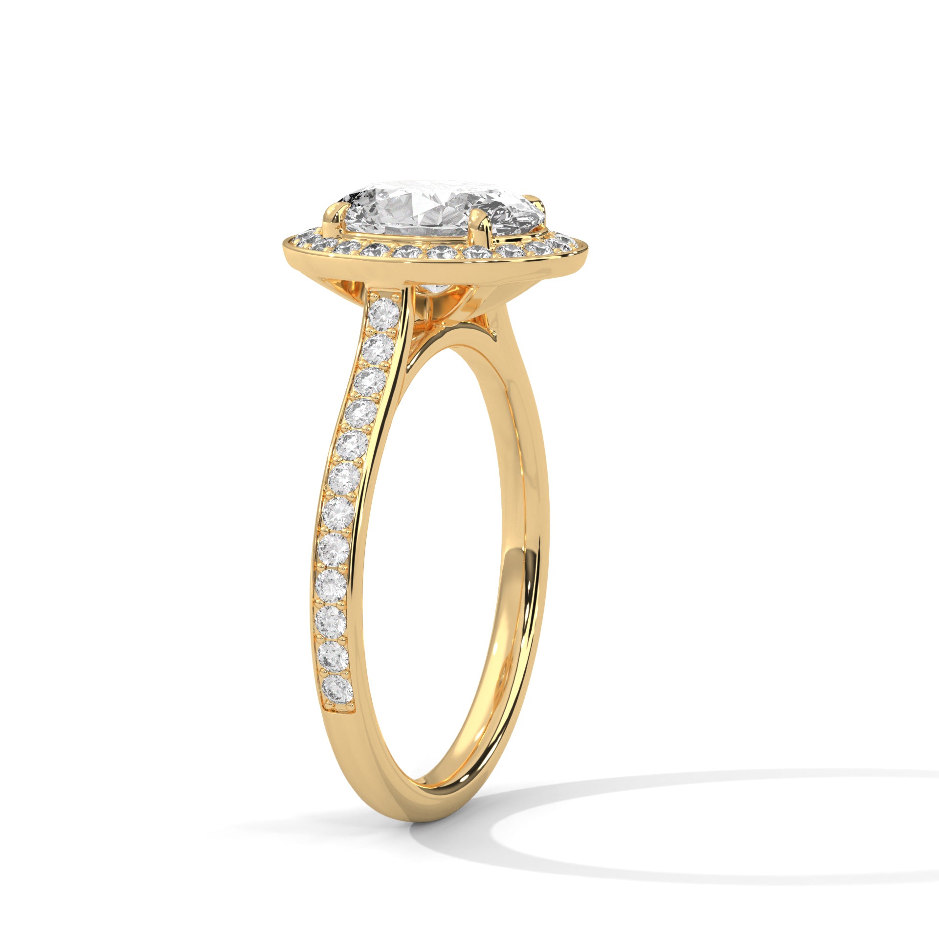 1–3 Carat Oval Lab Grown Diamond Solitaire Ring with Halo Diamonds & Pavé Band – Four Prong Setting in 18K Gold