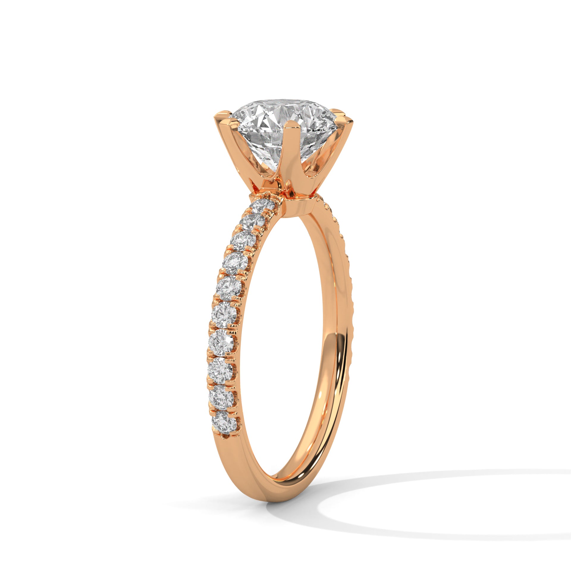 1–3 Ct Round Lab-Grown Diamond Solitaire Ring – Six Prong Pave Band, 18K Gold