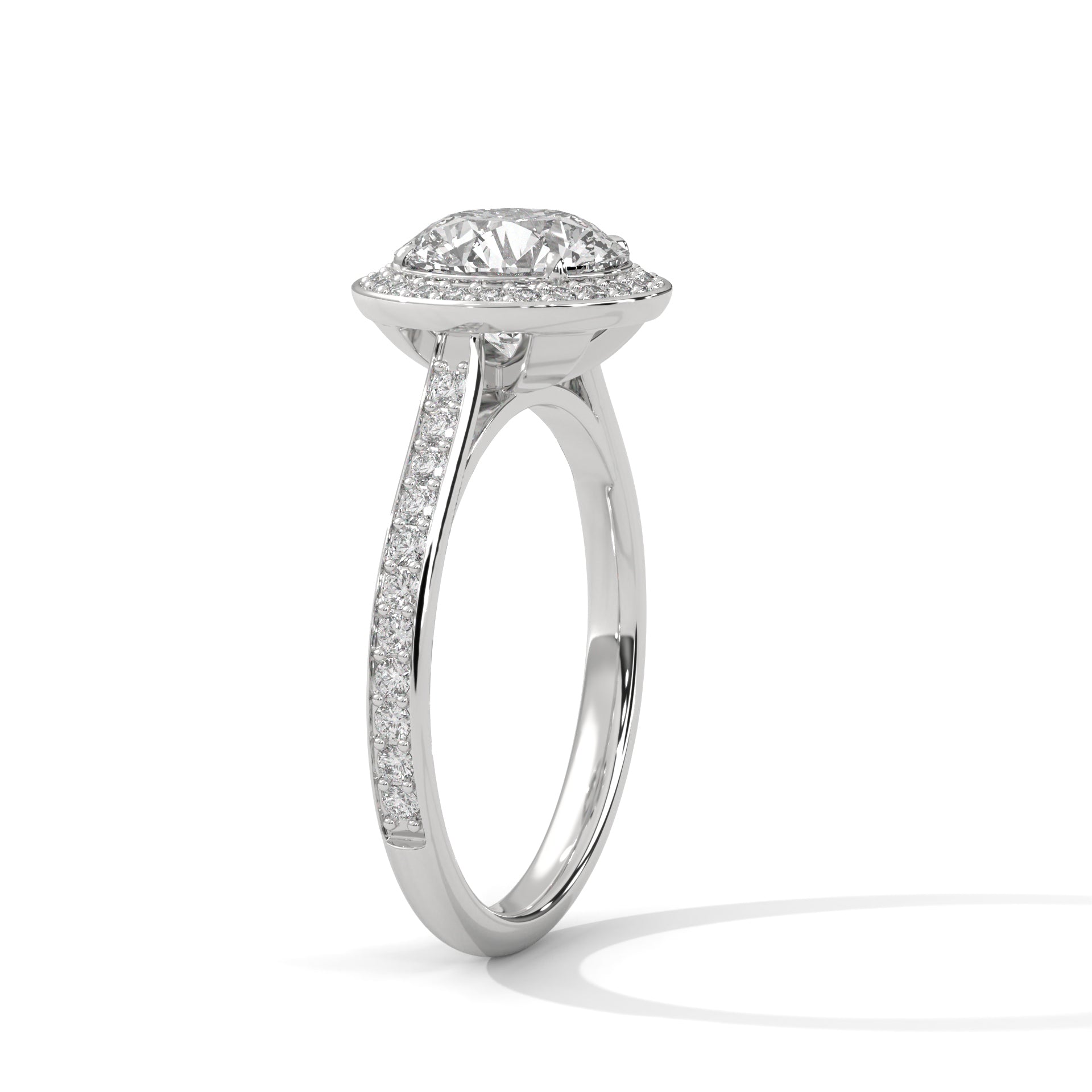 1–3 Carat Round Lab Grown Solitaire Diamond Halo Ring with Pave Band – Four Prong Setting in 18K Gold