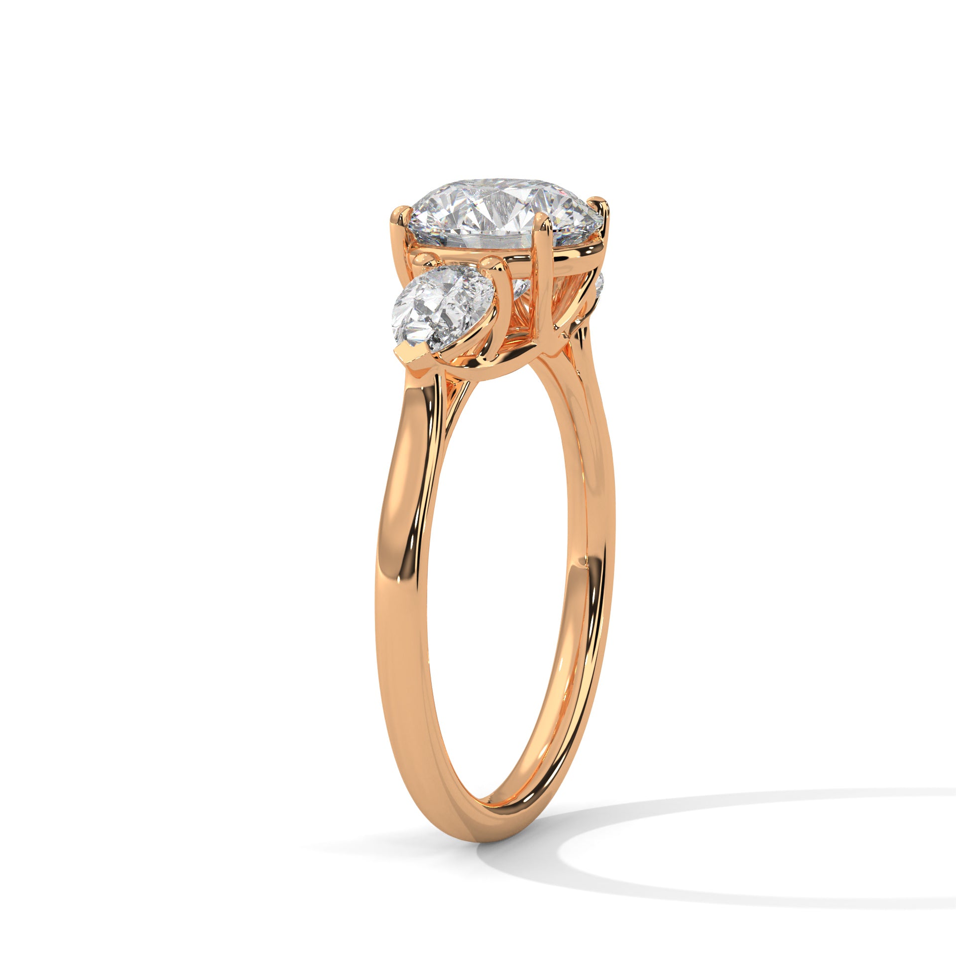 1–5 Carat Round Lab Grown Diamond Trilogy Ring with Pear Side Diamonds – 18K White, Yellow or Rose Gold