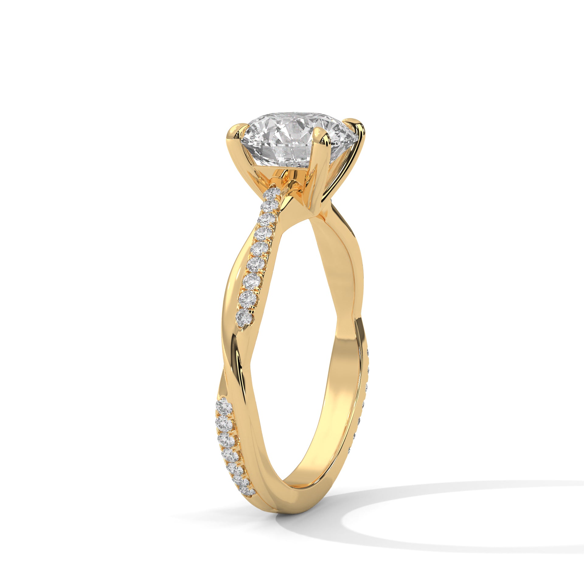 1–3 Carat Round Lab Grown Diamond Solitaire Twist Ring with Pavé Band – 18K White, Yellow or Rose Gold