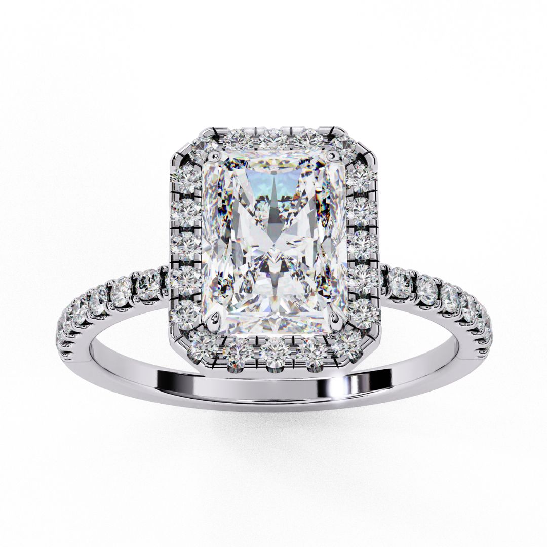 1–2 Carat Radiant Cut Lab Grown Solitaire Diamond Halo Ring in 18K Gold | Pavé Band Engagement Ring