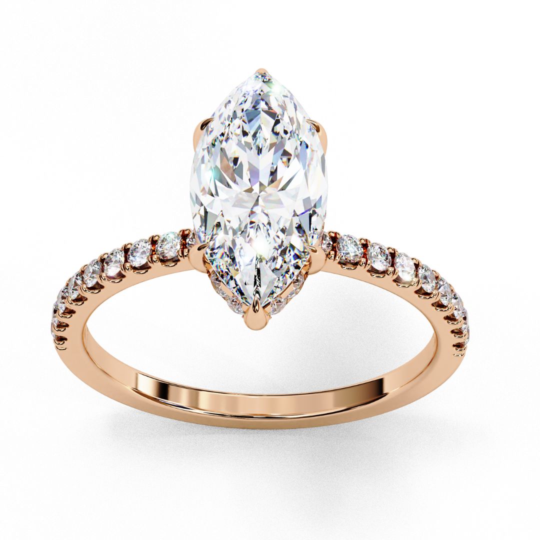 1–5 Carat Marquise Cut Lab Grown Diamond Solitaire Ring with Hidden Halo in 18K Gold | Pavé Band