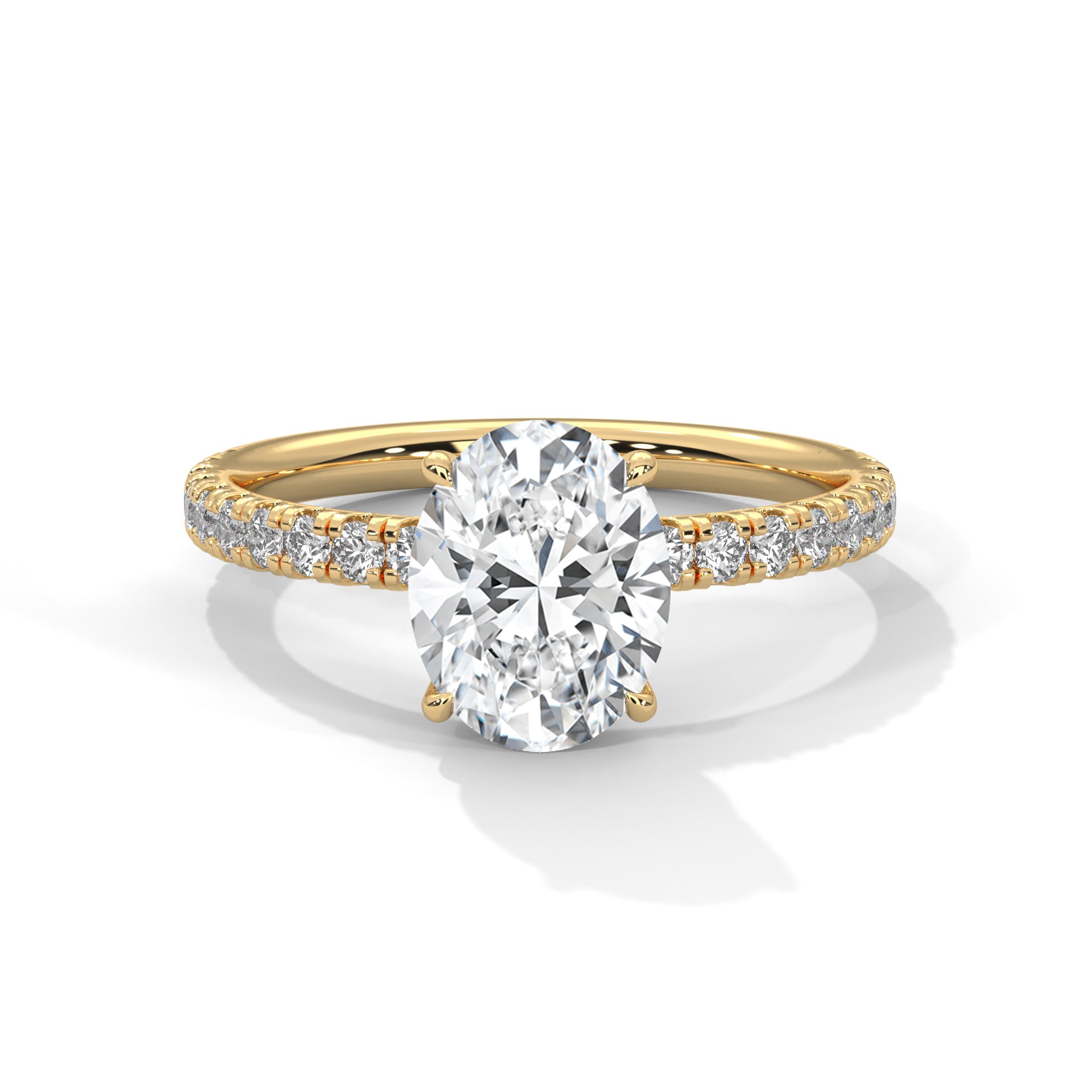 1–3 Carat Oval Lab Grown Diamond Solitaire Ring with Hidden Halo & Pavé Band – Four Prong Setting in 18K Gold