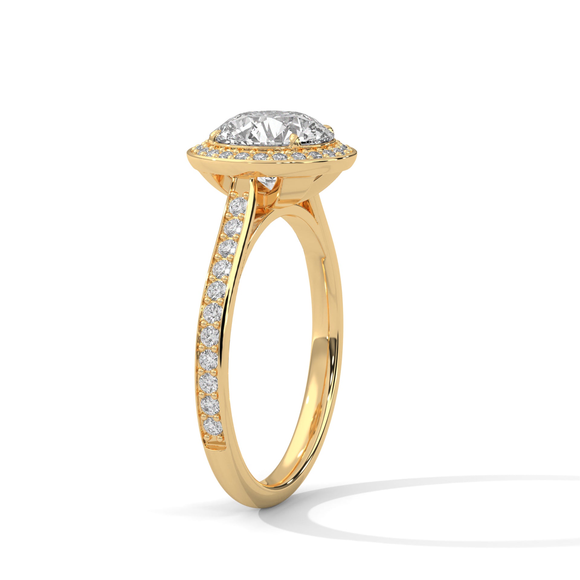 1–3 Carat Round Lab Grown Solitaire Diamond Halo Ring with Pave Band – Four Prong Setting in 18K Gold